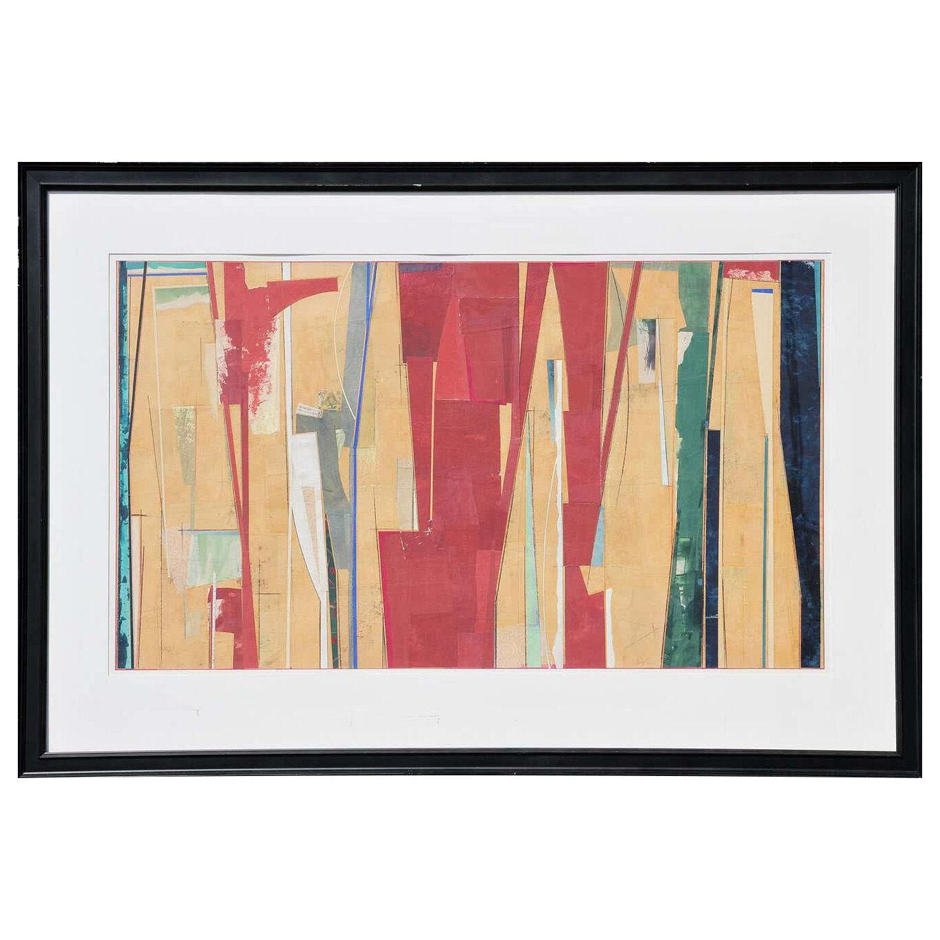 1980s Abstract Geometric Mixed-Media Collage Painting by John Pavlicek, Framed