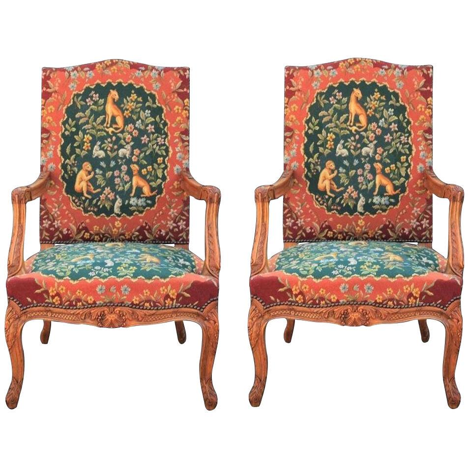 Louis XIV Needlepoint Upholstered Walnut French or Italian Armchairs - a Pair
