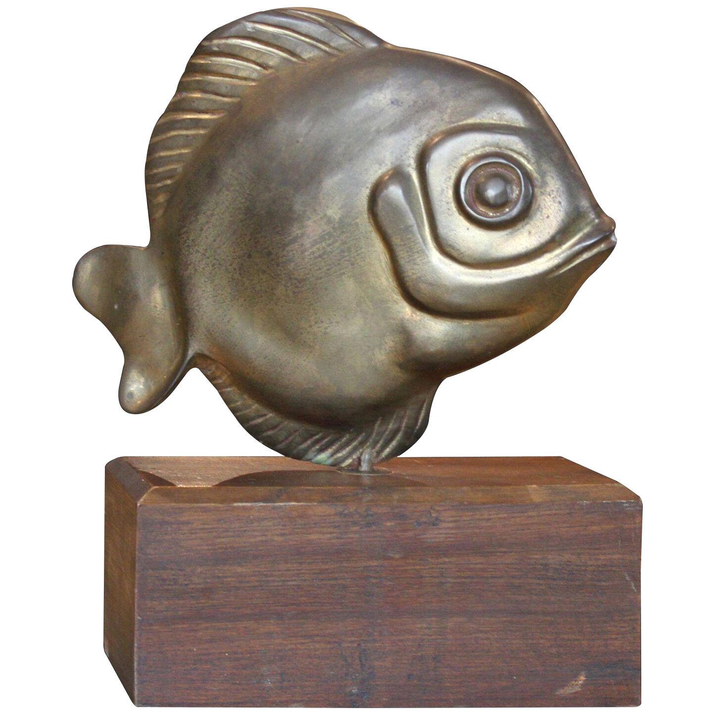 1960s Modern Brass Sarreid Style Fish Sculpture on a Walnut Base