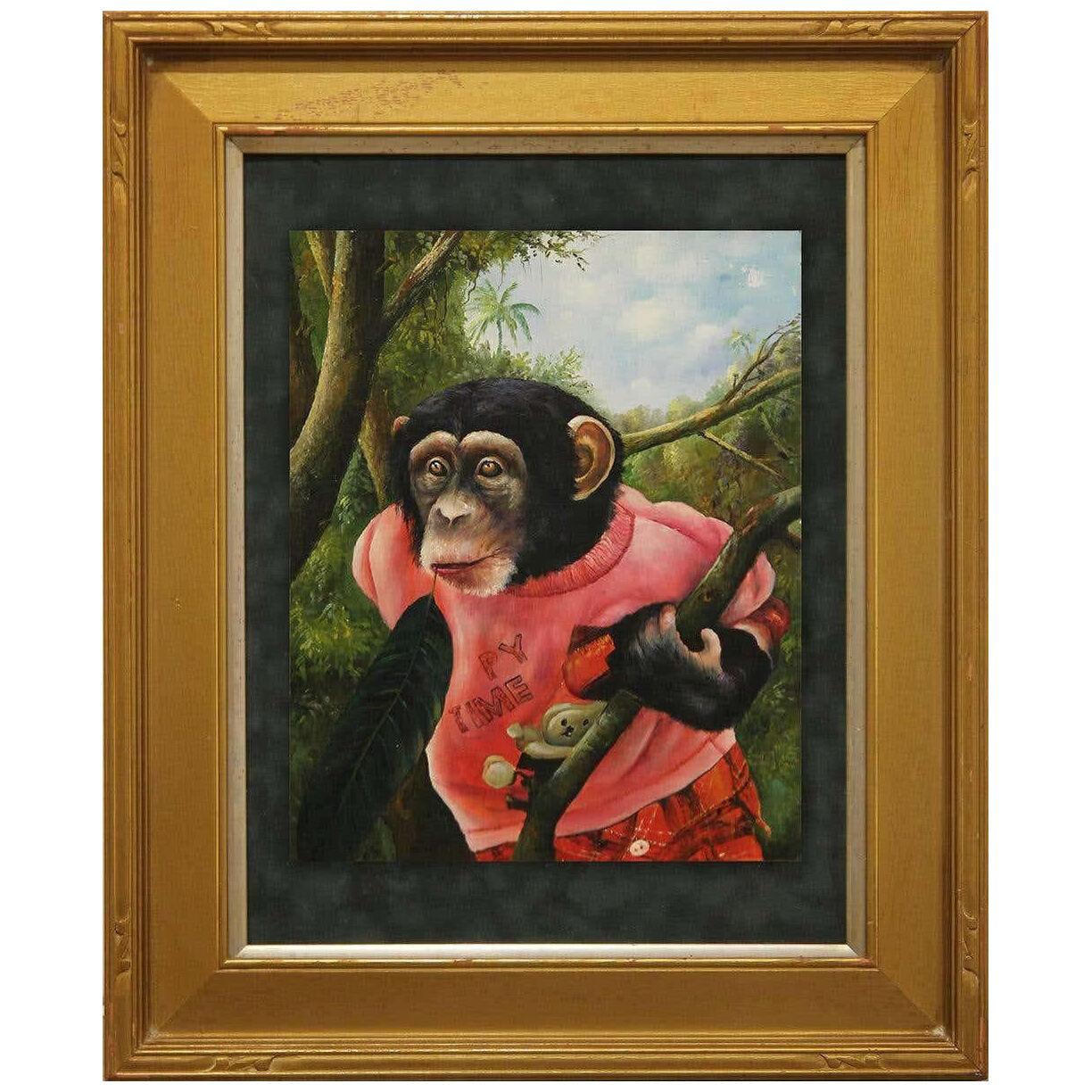 Late 20th Century Singerie Style Portrait of a Chimpanzee Wearing a Red Shirt