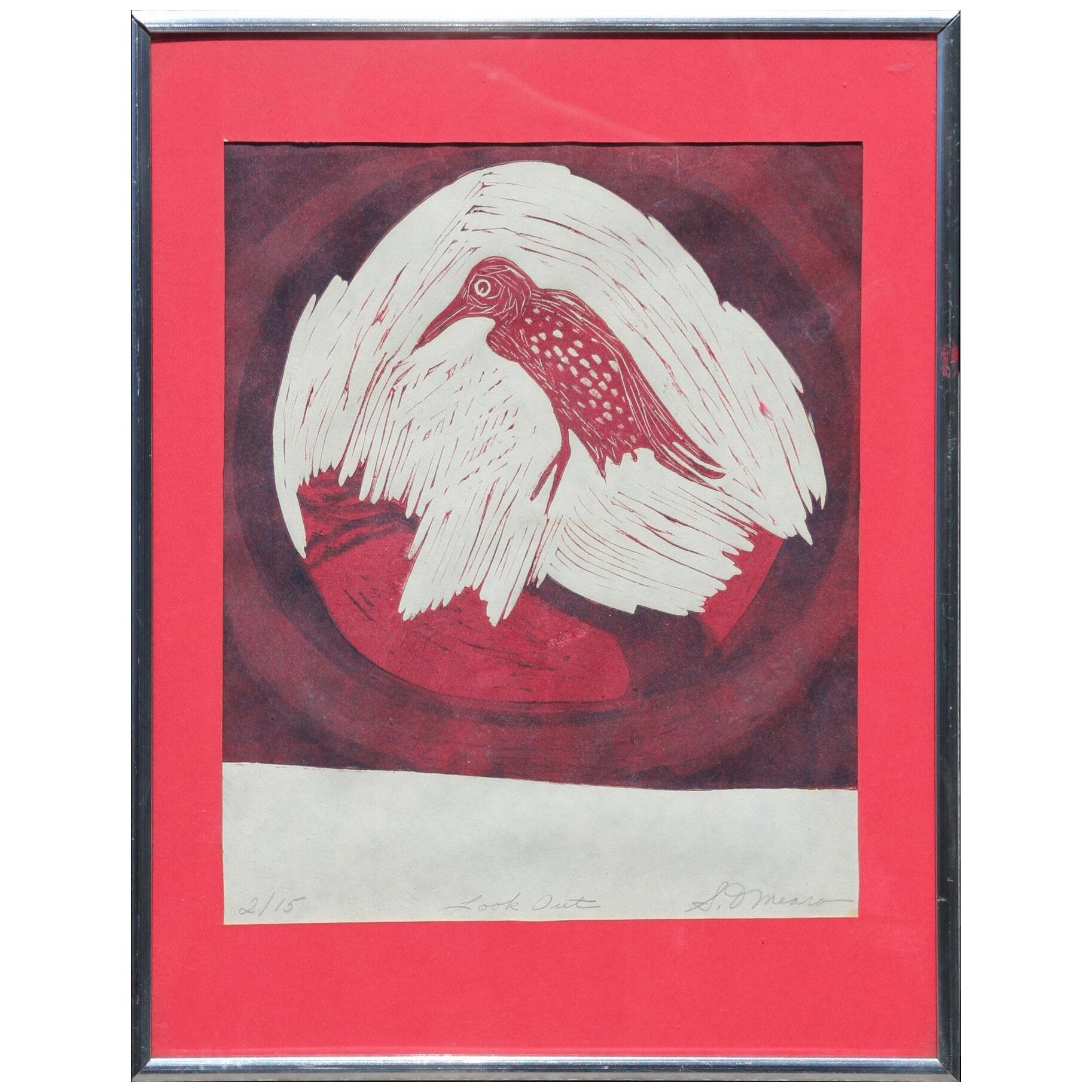 Unknown "Look Out" Red Abstract Bird Woodblock Print Edition 2 of 15 Mid 20th C
