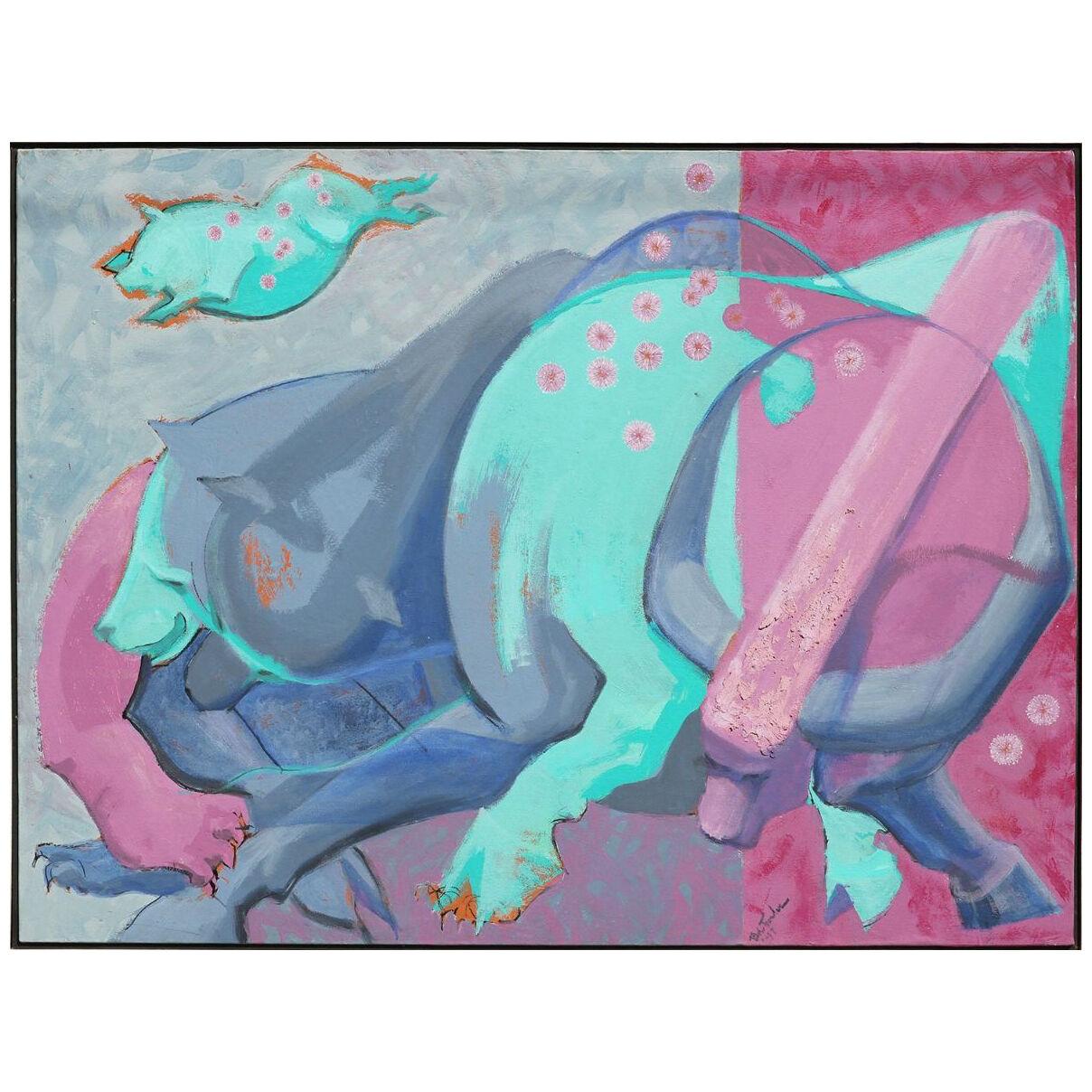 Colorful Pink, Purple, and Blue Contemporary Abstract Animal Painting