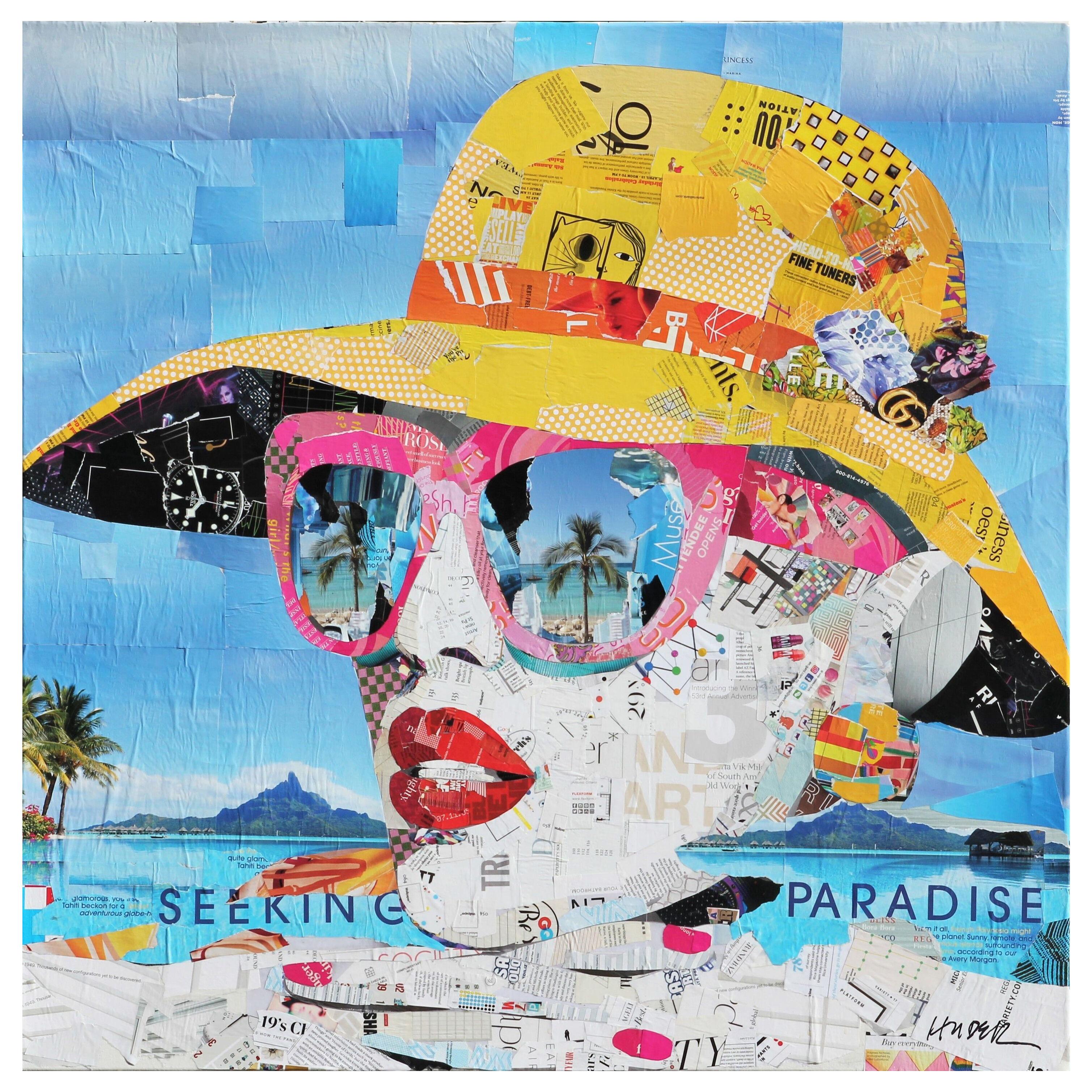 "Seeking Paradise" Tropical Vacation Mixed Media Pop Art Assemblage Collage