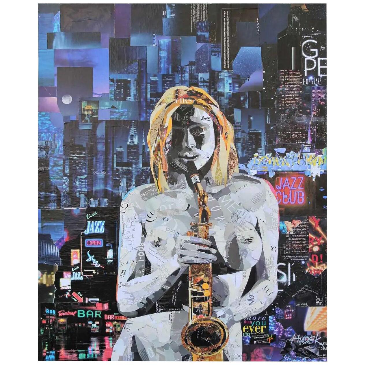 "Nude Sax" Mixed Media Collage Portrait of Nude Female and Saxophone