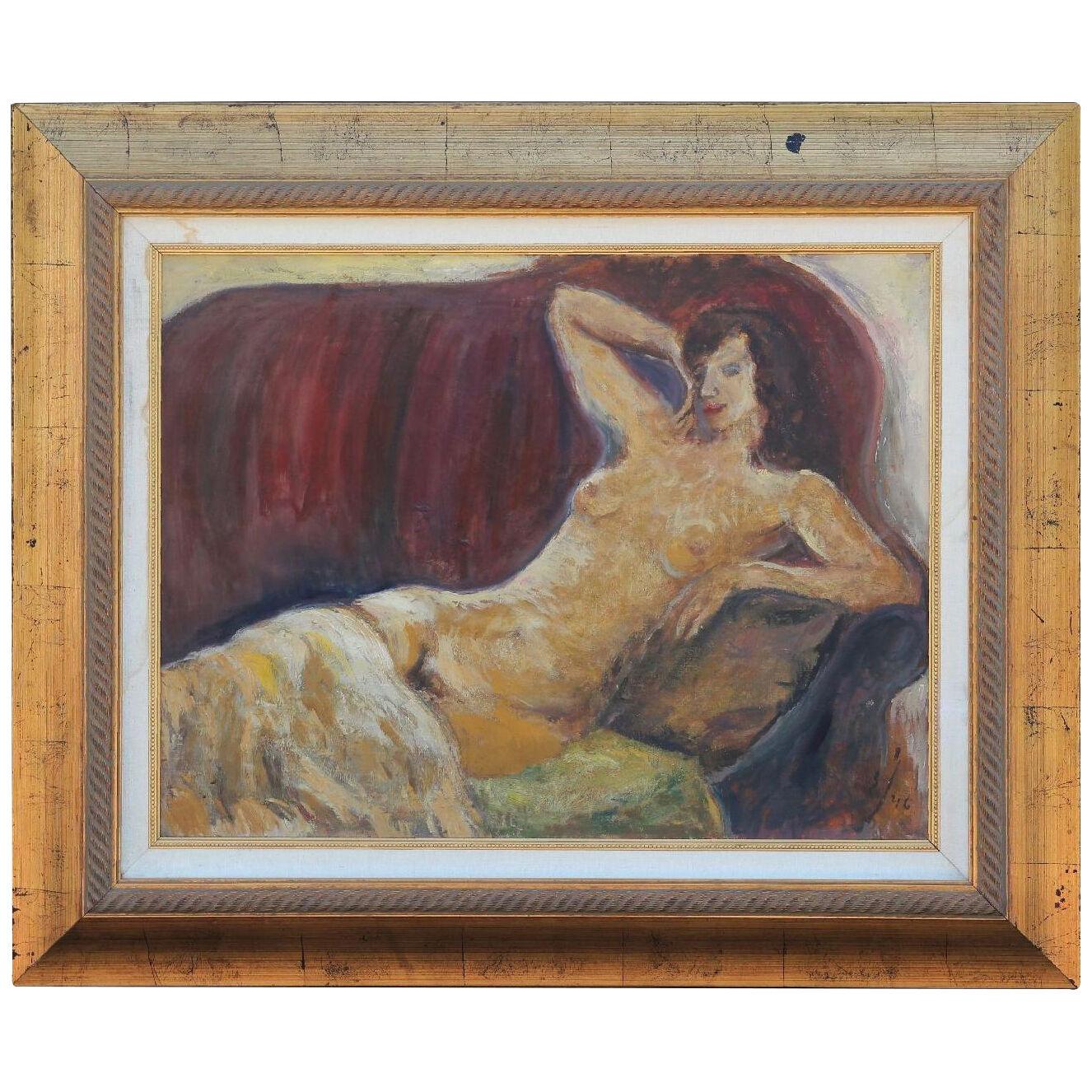 1940s Mid Century Red Toned Reclining Impressionist Nude Oil Portrait
