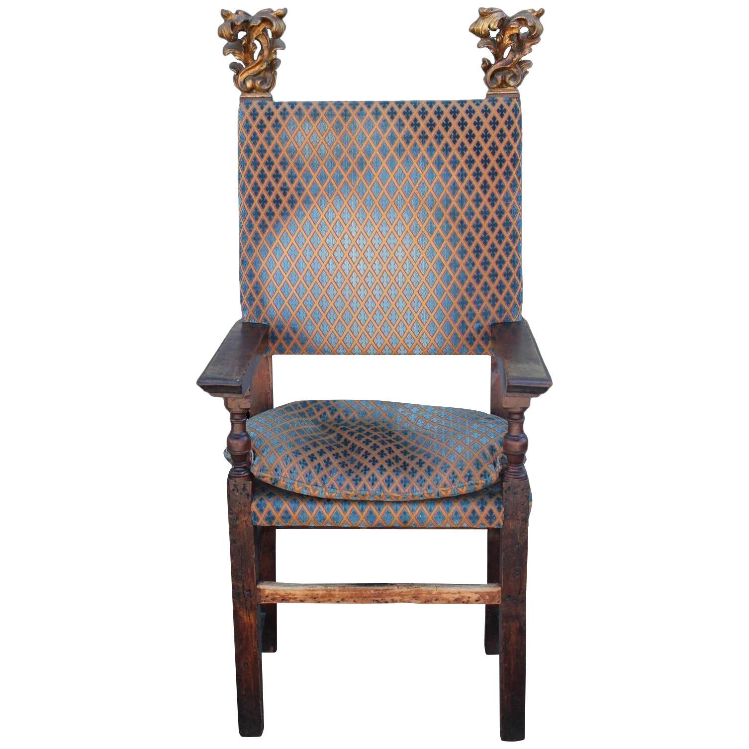 17th 18th Century Spanish / Italian Gilt Throne Chair with Gold Painted Finials