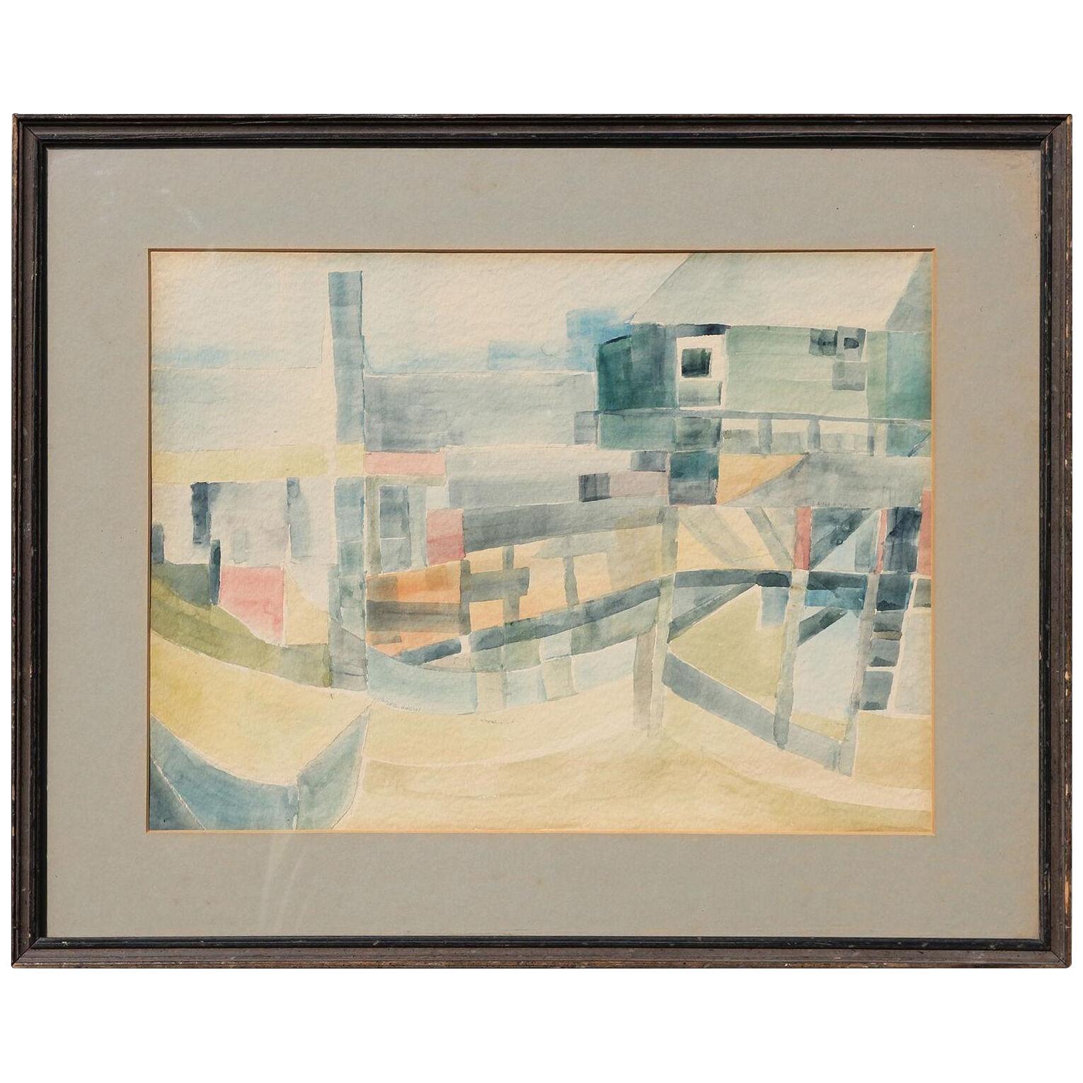 Abstract Cubist Watercolor Boat Dock Landscape by Female Artist Early 1940s
