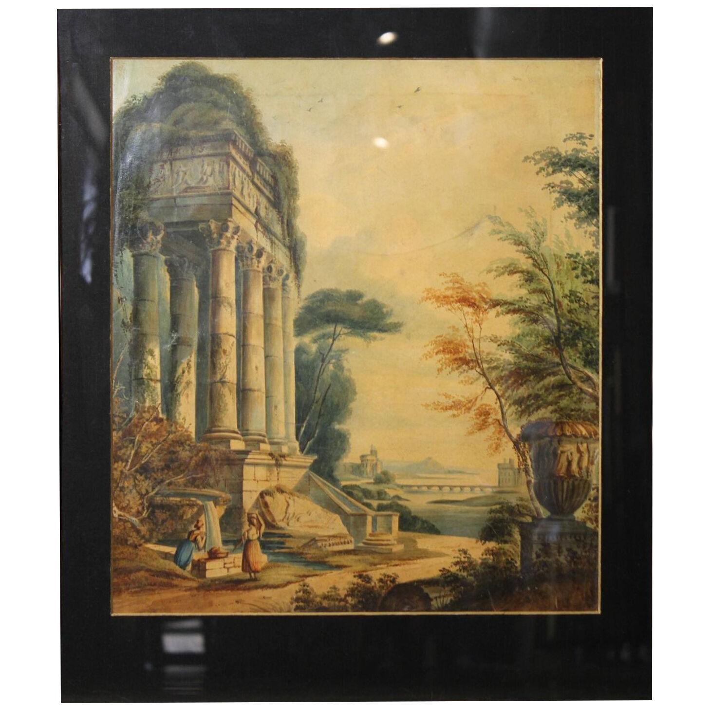 Late 19th Century Baroque Style Capriccio Landscape View with Figures