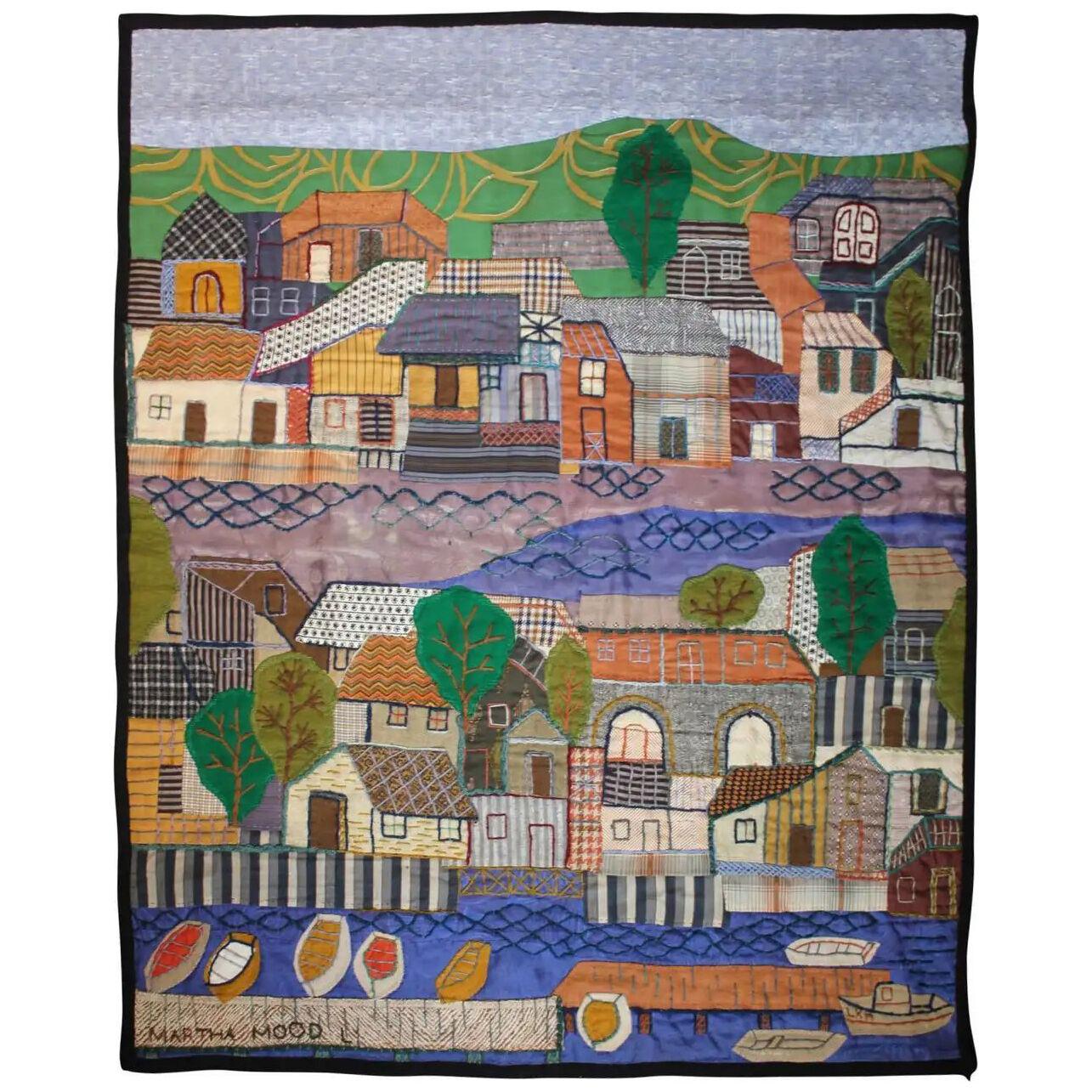 "Harbor Front" Folk Cityscape Tapestry