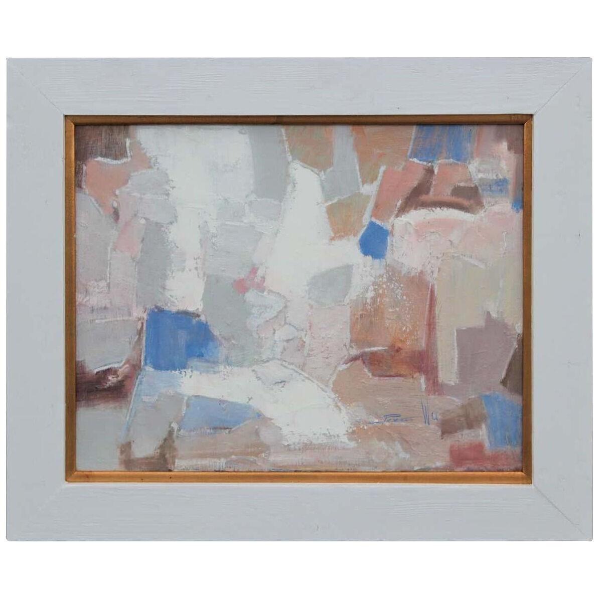 Peter Wu Abstract Pastel Modern Color Block Painting in Peach and Blue Tones