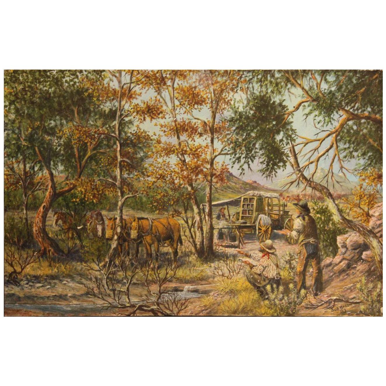 Mid Century Bud Breen "Plans for the Trail" Romanticized Naturalistic Oil Paint