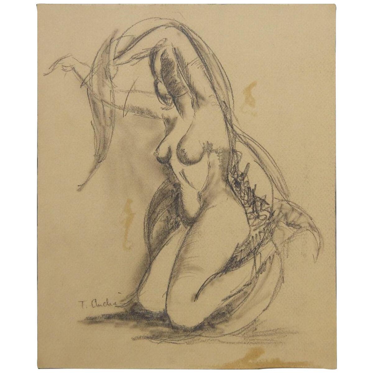 1960s Seated Naturalistic Figurative Nude Study Charcoal on Paper