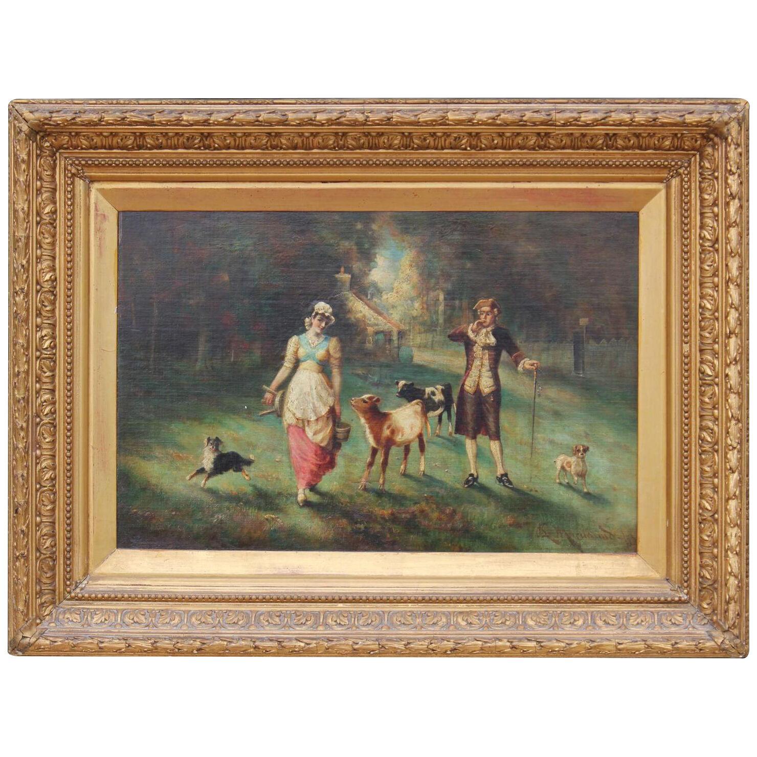 English Country Scene, Milkmaid with Cows and Dog with an Upper Class Male 1895