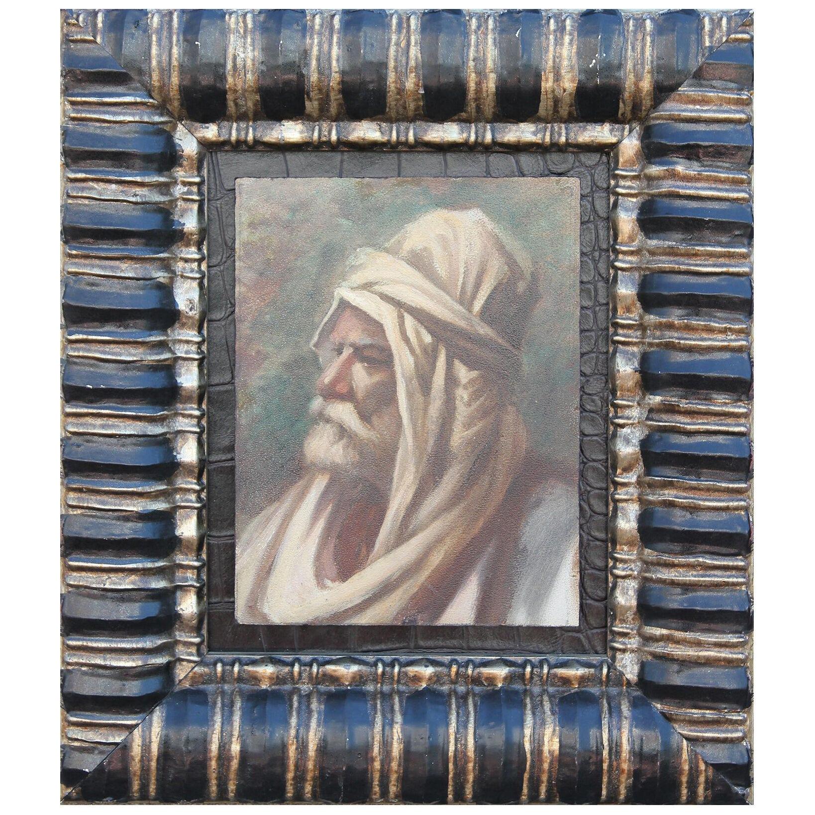 Oil Painting Portrait of an Elderly Arab Man Wearing a White Headdress	