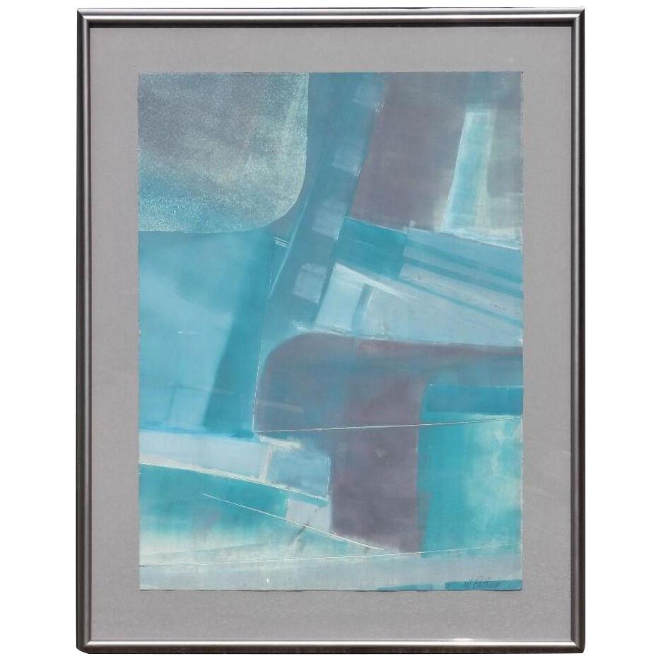Postmodern Blue Gestural Abstract Expressionist Watercolor Painting Signed