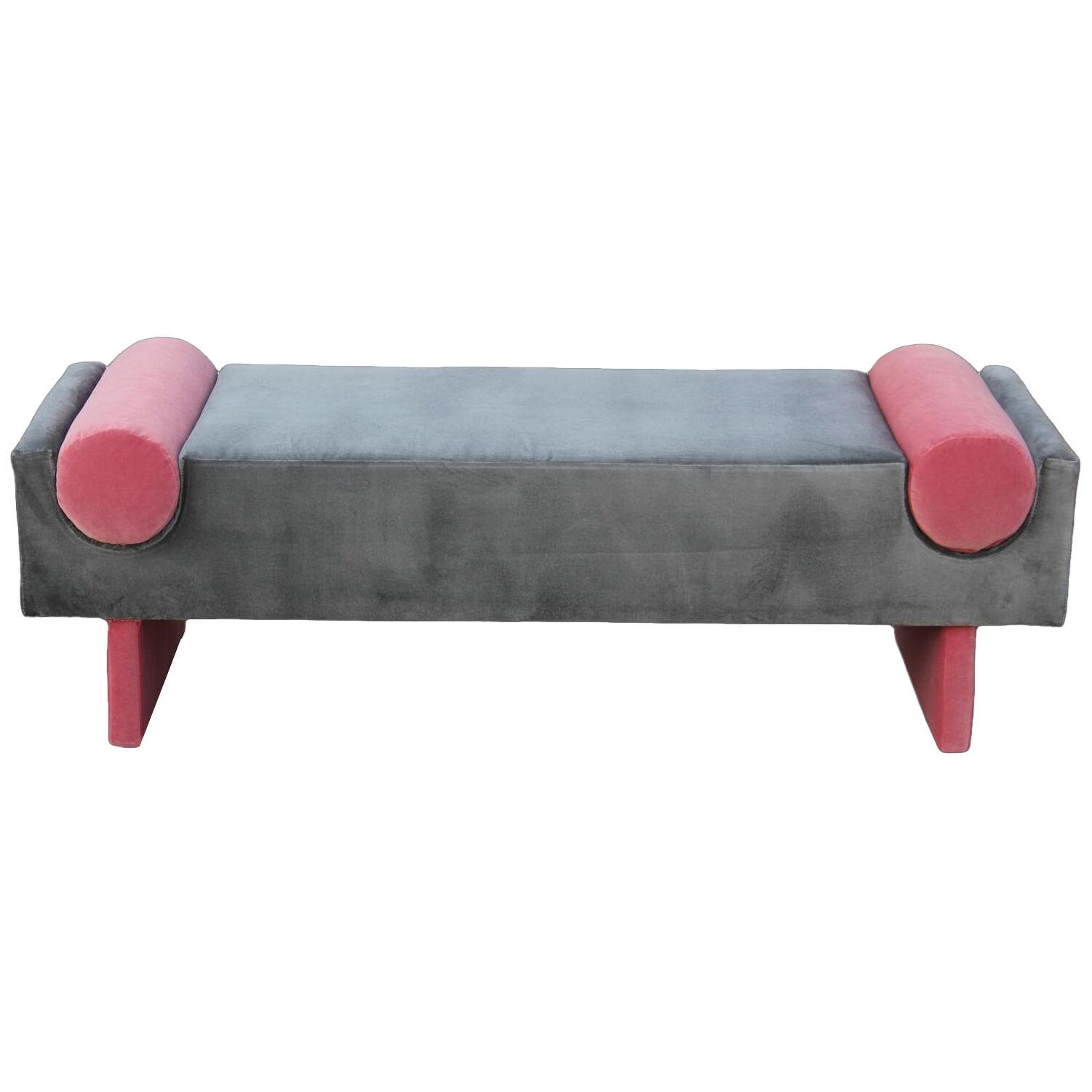 Modern Custom Bench in Dark Grey Velvet with Vibrant Pink Bolsters 2010s