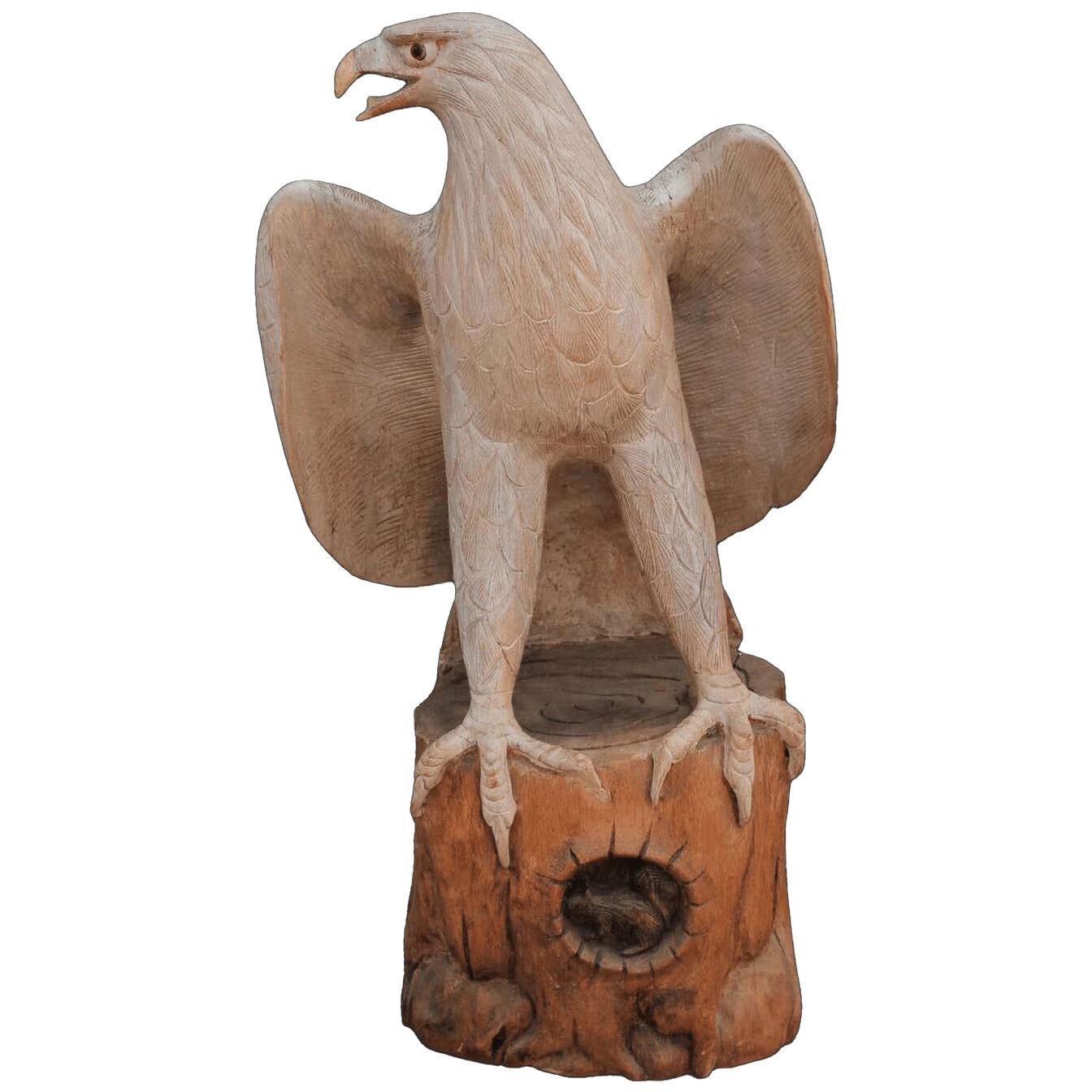 Hand Carved Naturalistic Wooden White Eagle Statue / Wildlife Sculpture 20th C.