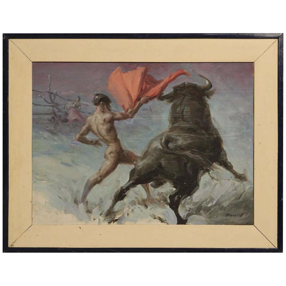 Mid 20th Century Portrait of a Bull Fighter with Landscape Oil Painting