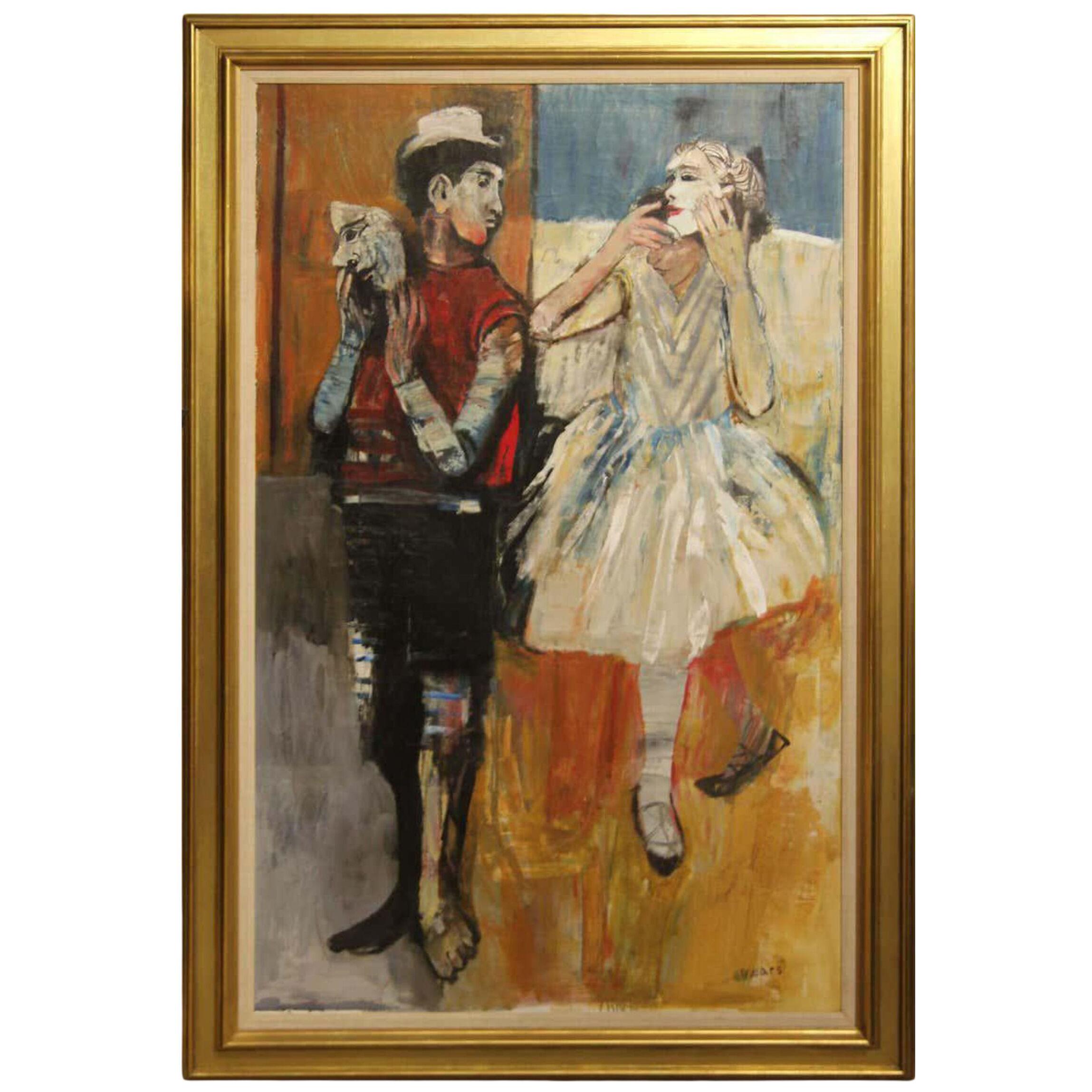 1960 "Two Figures Unmasked" Figurative Oil Painting by Herbert Mears, Framed
