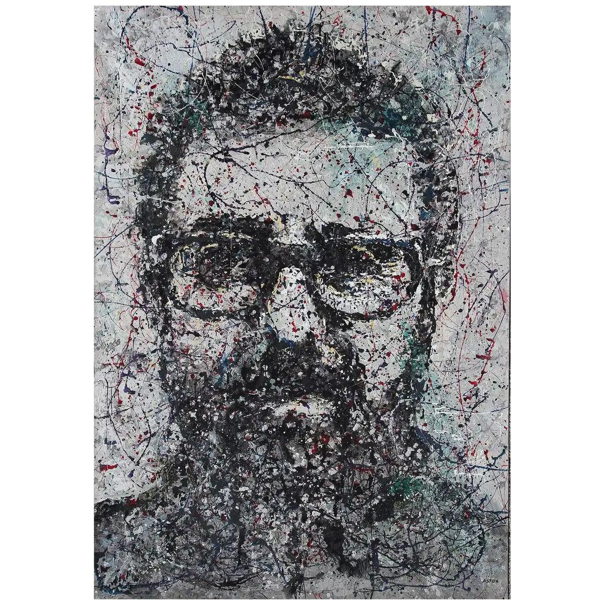 Matt Aston Silver, Black, and Red Portrait Abstract Splatter Painting on Canvas