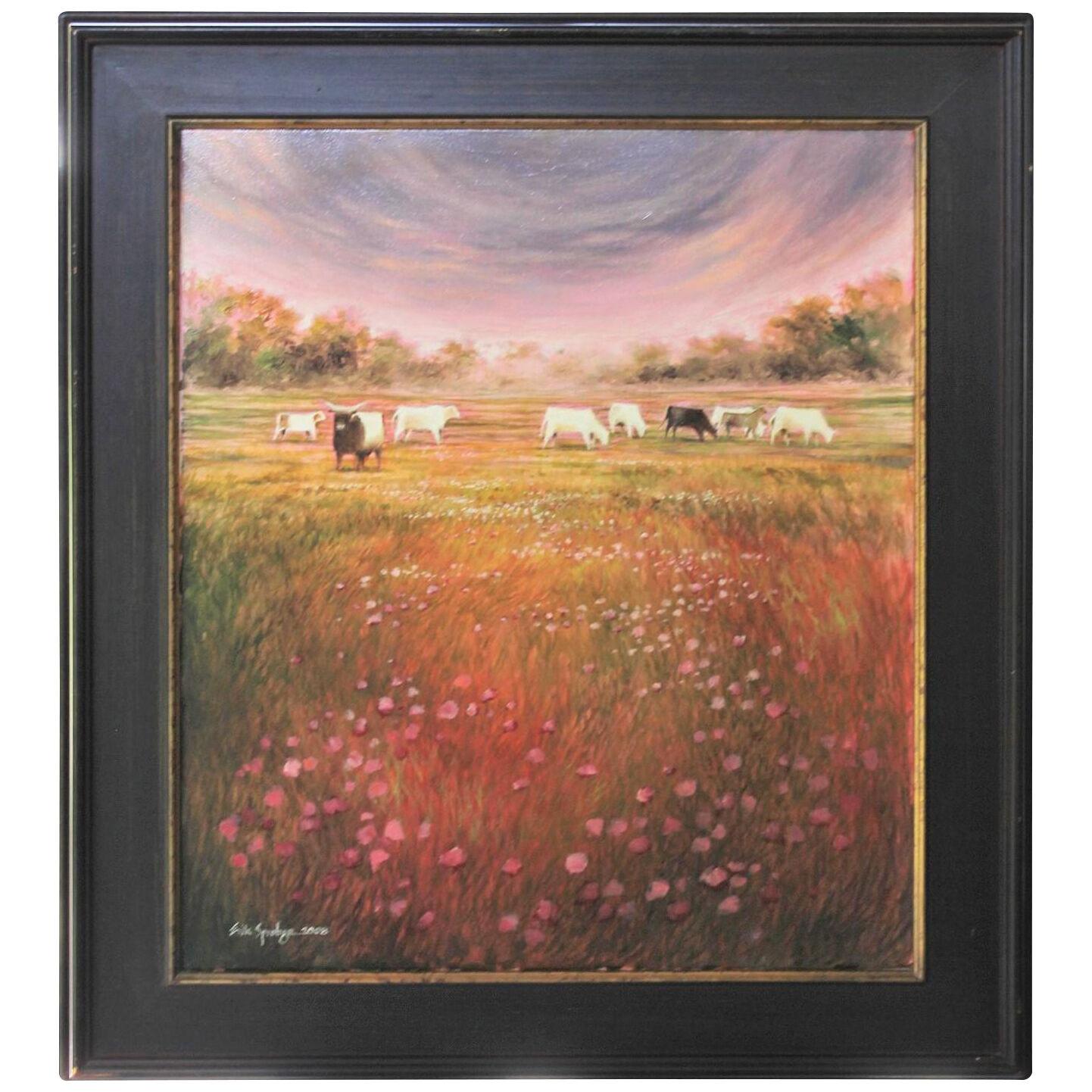 2000s Contemporary "Buttercups N Cattle" Naturalistic Landscape Oil Painting