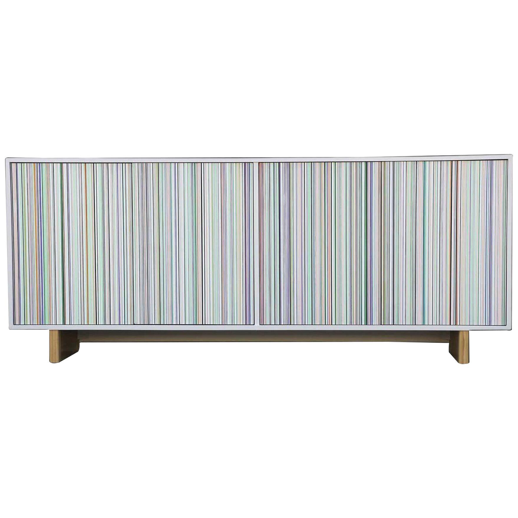 Modern Op Art Colorful Hand Painted Stripe Credenza