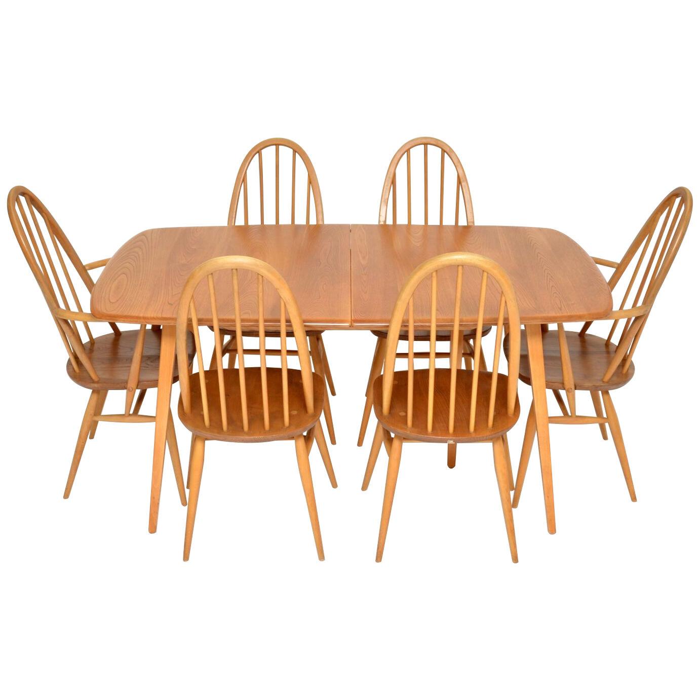 1960's Vintage Ercol Grand Windsor Table and 6 Quaker Chairs
