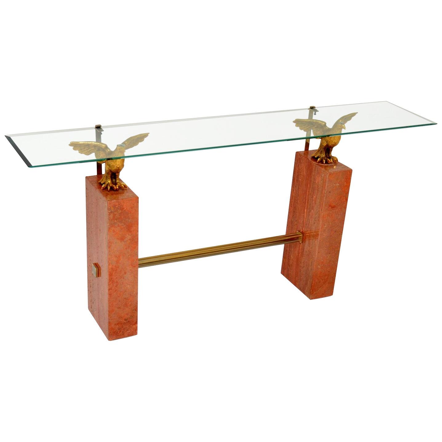 1970's Vintage Marble / Brass / Glass Console Table