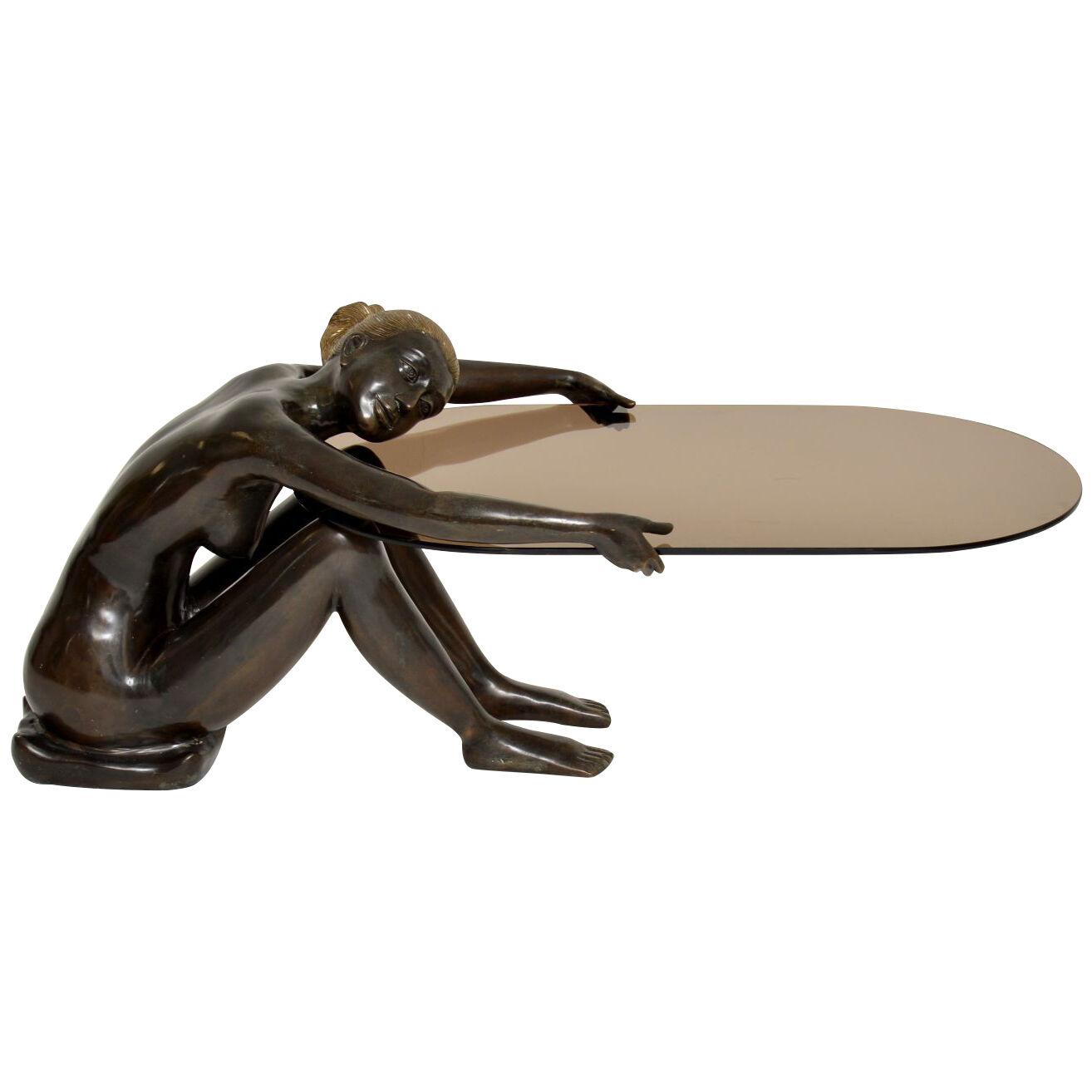 1970's Vintage French Bronze Nude Sculpture Coffee Table