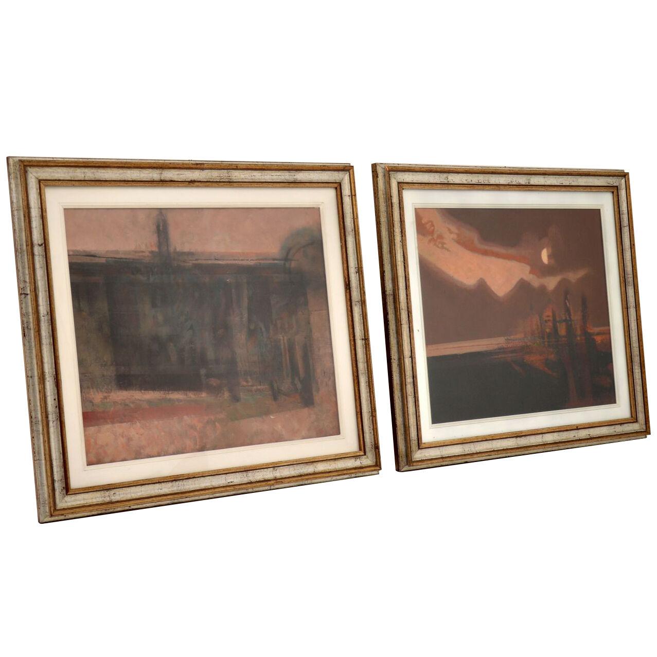 Pair of Italian Abstract Framed Oil Paintings c.1980 Signed "Giussani"