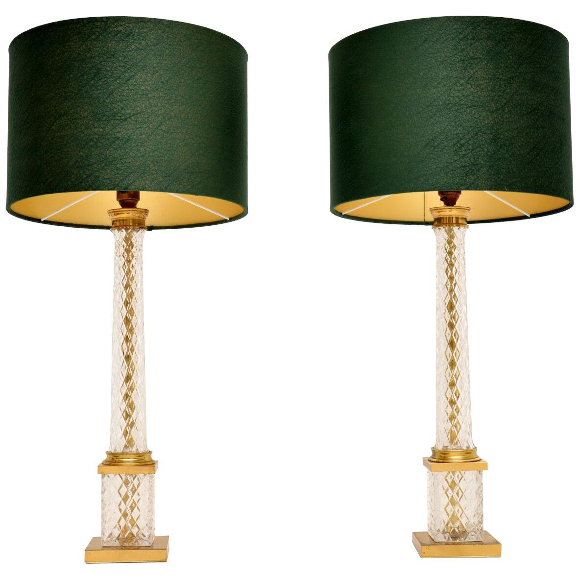 Pair of Vintage French Crystal Glass & Brass Table Lamps