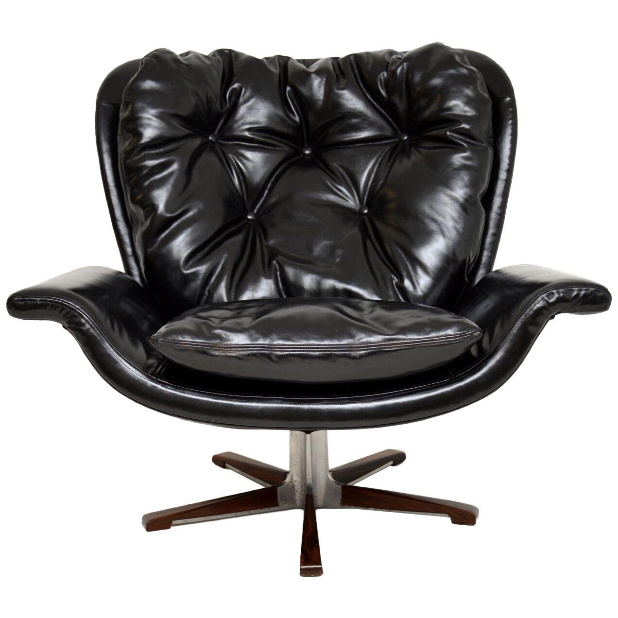 Danish Vintage Leather & Rosewood Swivel Armchair