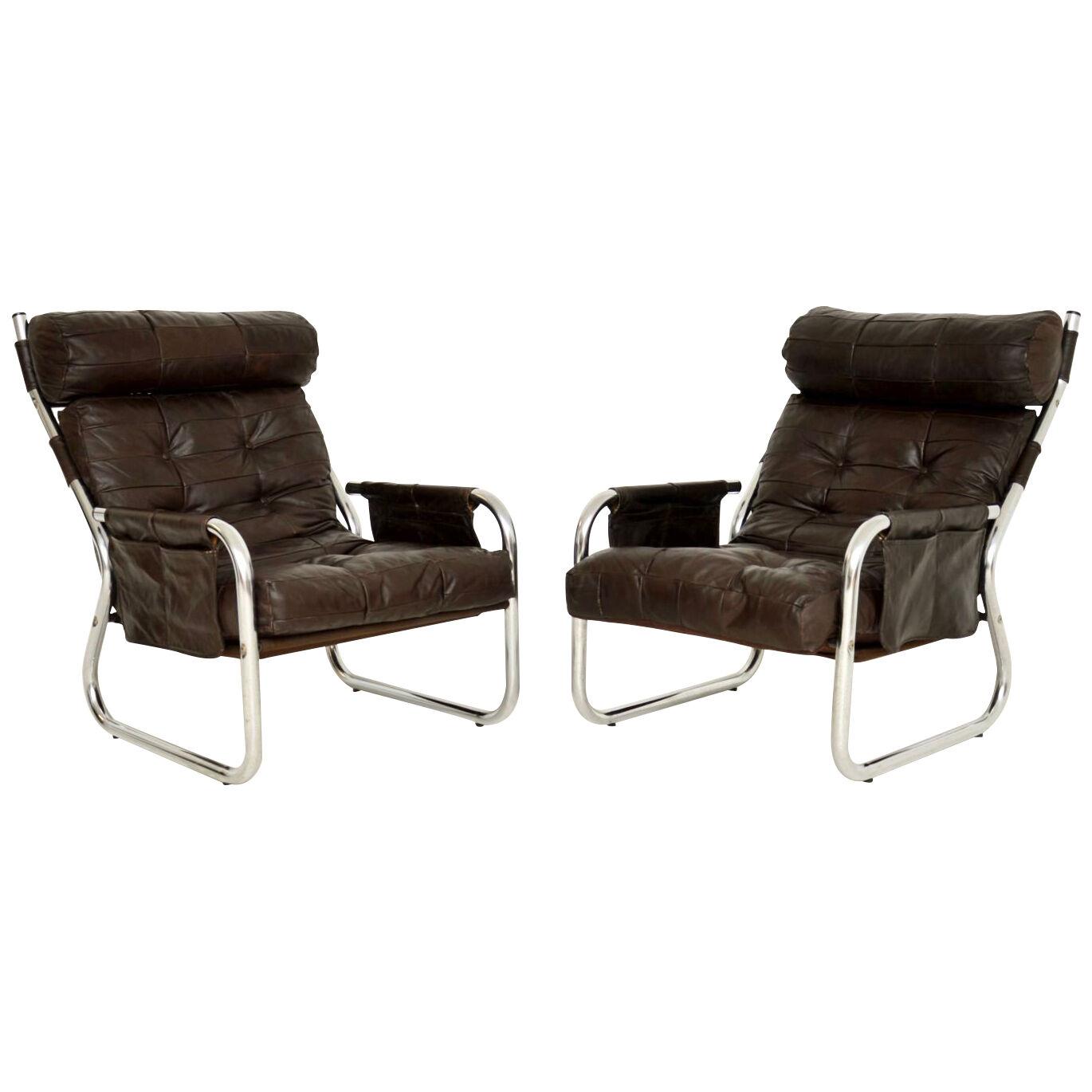 1960's Pair of Vintage Danish Leather & Chrome Armchairs