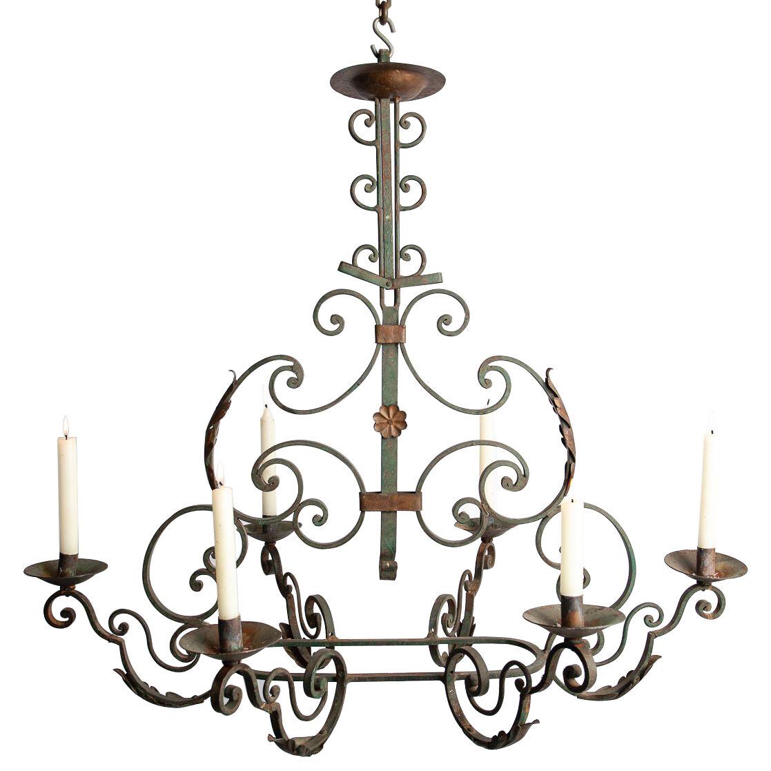 An Early 20th Century French Wrought Iron Six armed Chandelier