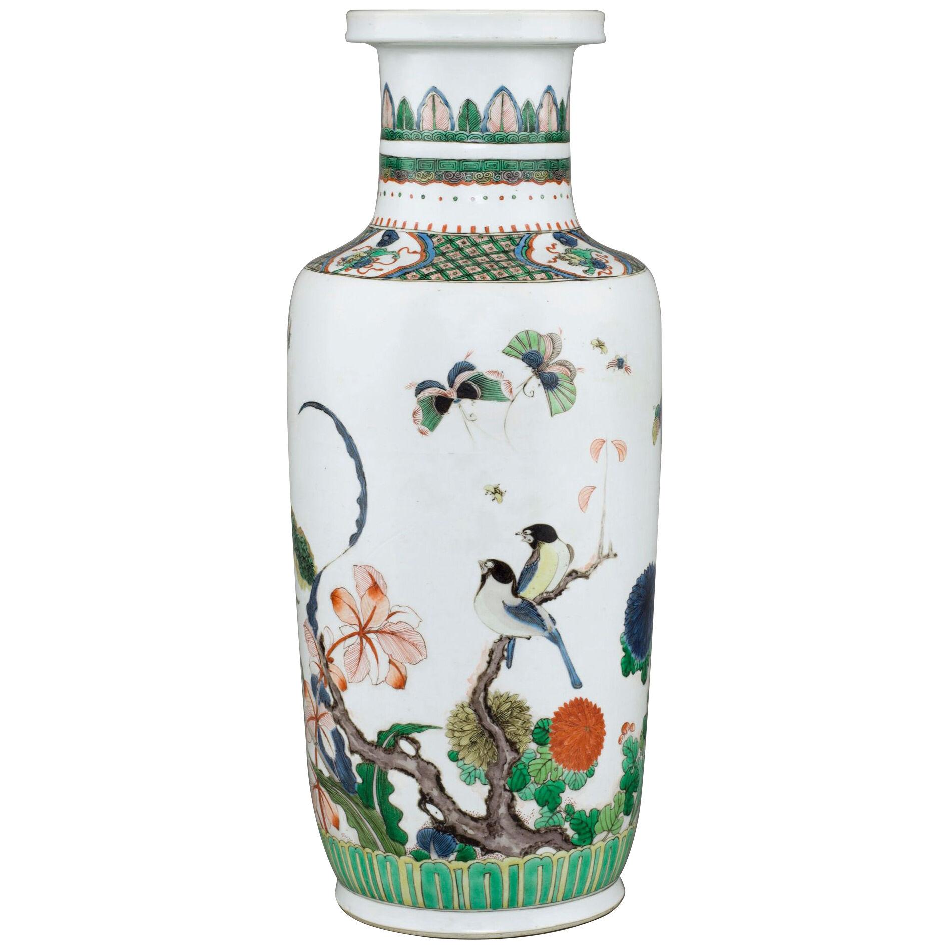 Chinese porcelain famille verte, wucai vase of rouleau form with two magpies
