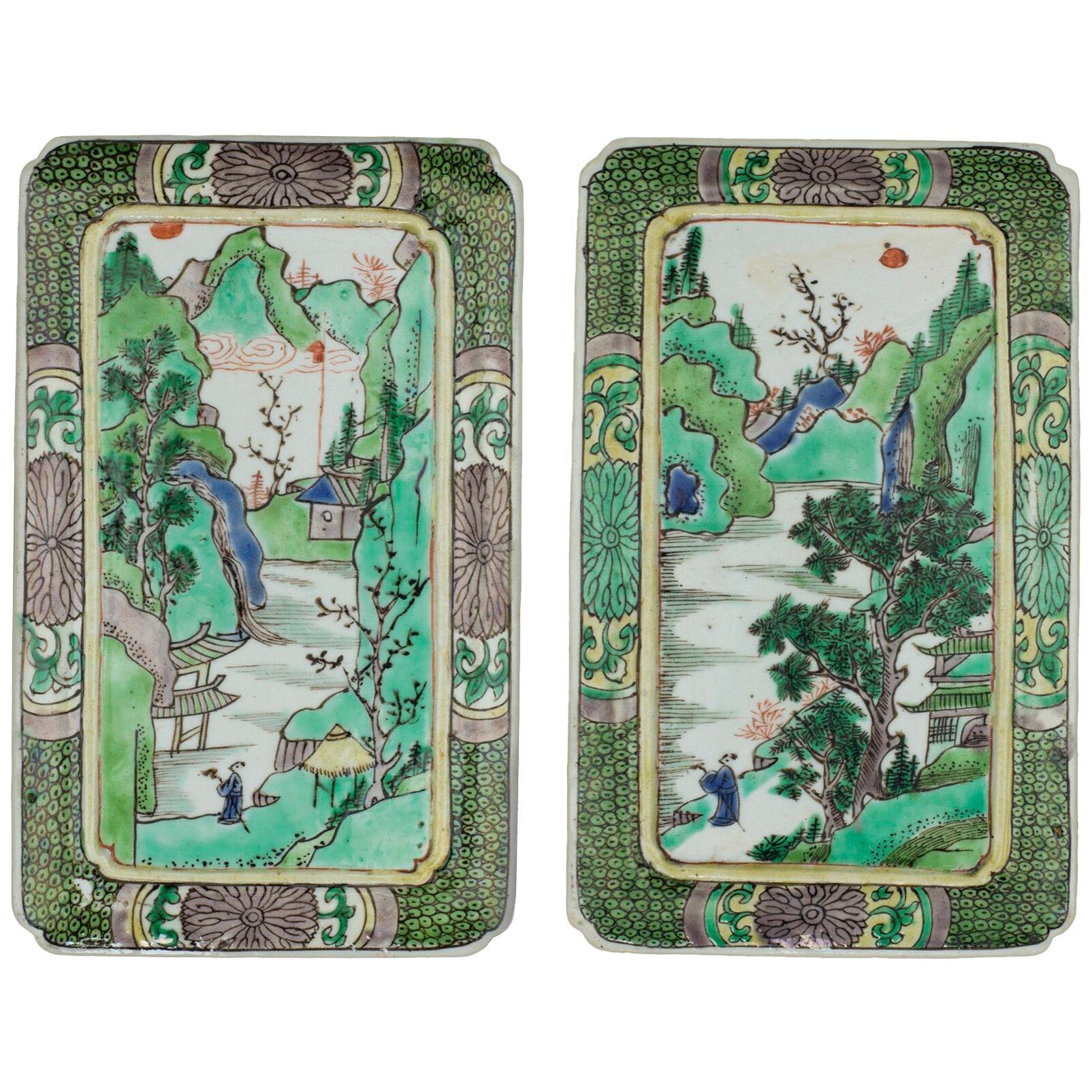 Pair of Chinese porcelain famille verte, wucai biscuit table screens