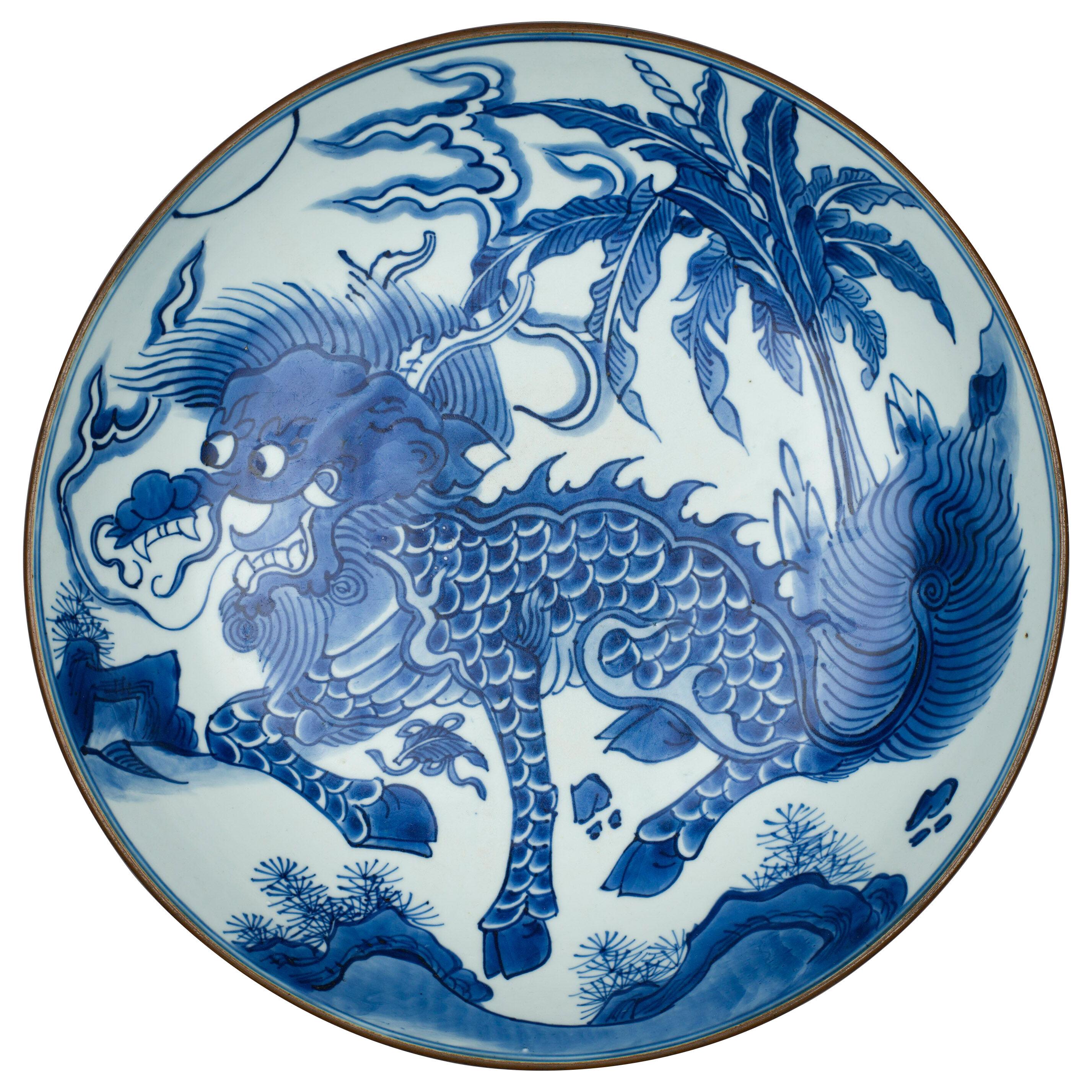 Chinese porcelain blue and white large ‘qilin' saucer dish