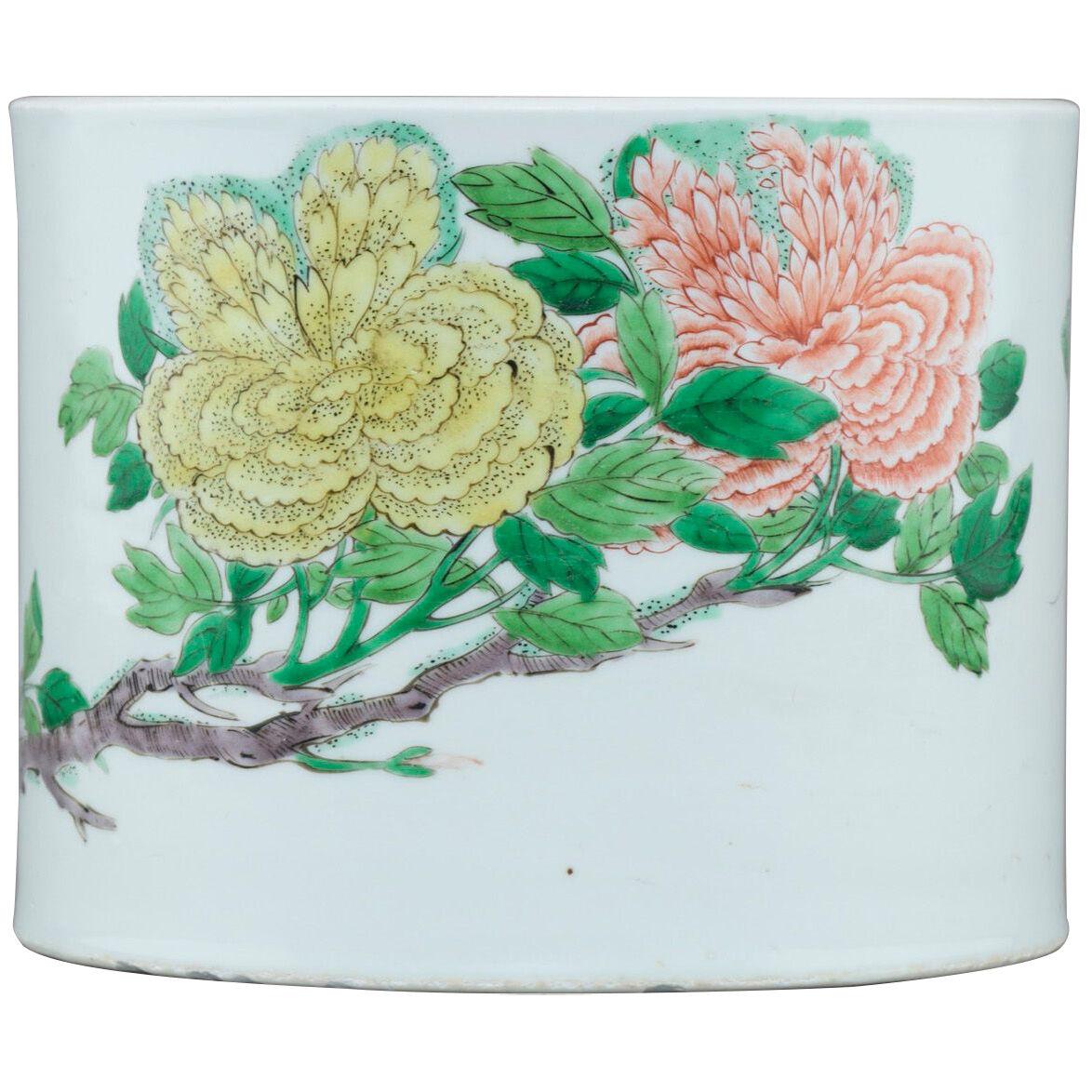 Large Chinese porcelain famille verte, wucai brush pot, bitong,