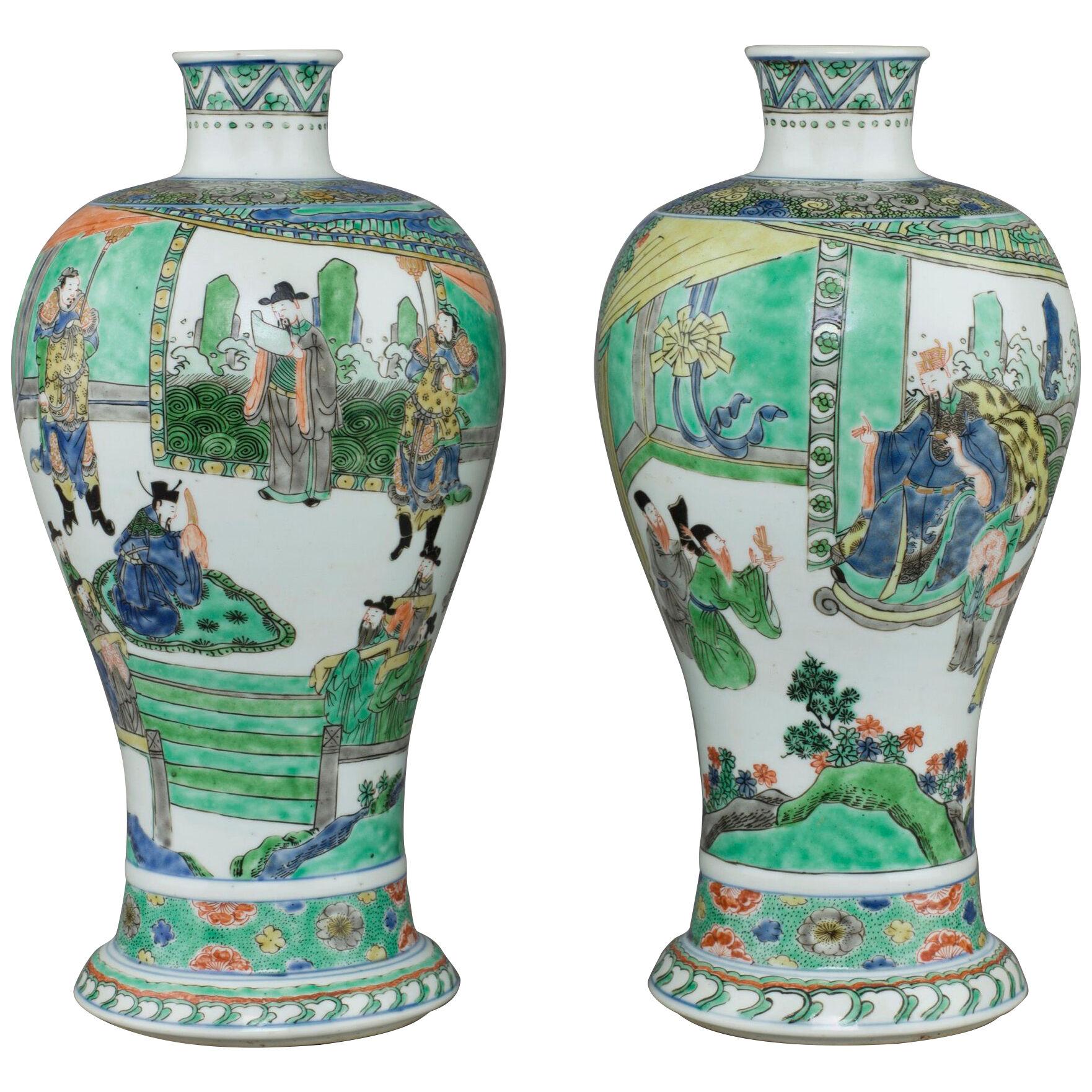 Pair of Chinese porcelain famille verte, wucai dated vases of meiping form