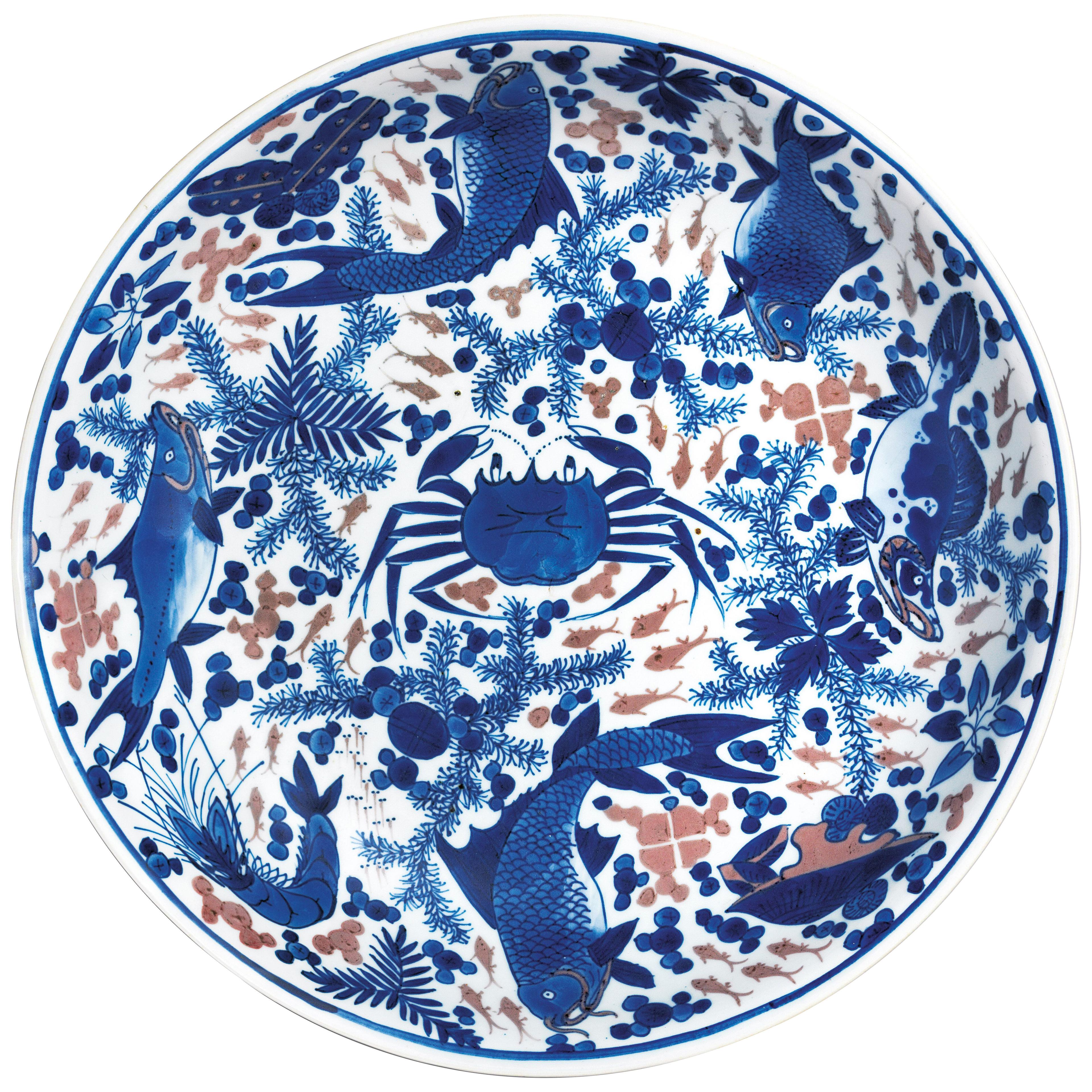 Chinese porcelain blue and white and underglaze copper-red large 'crab' dish