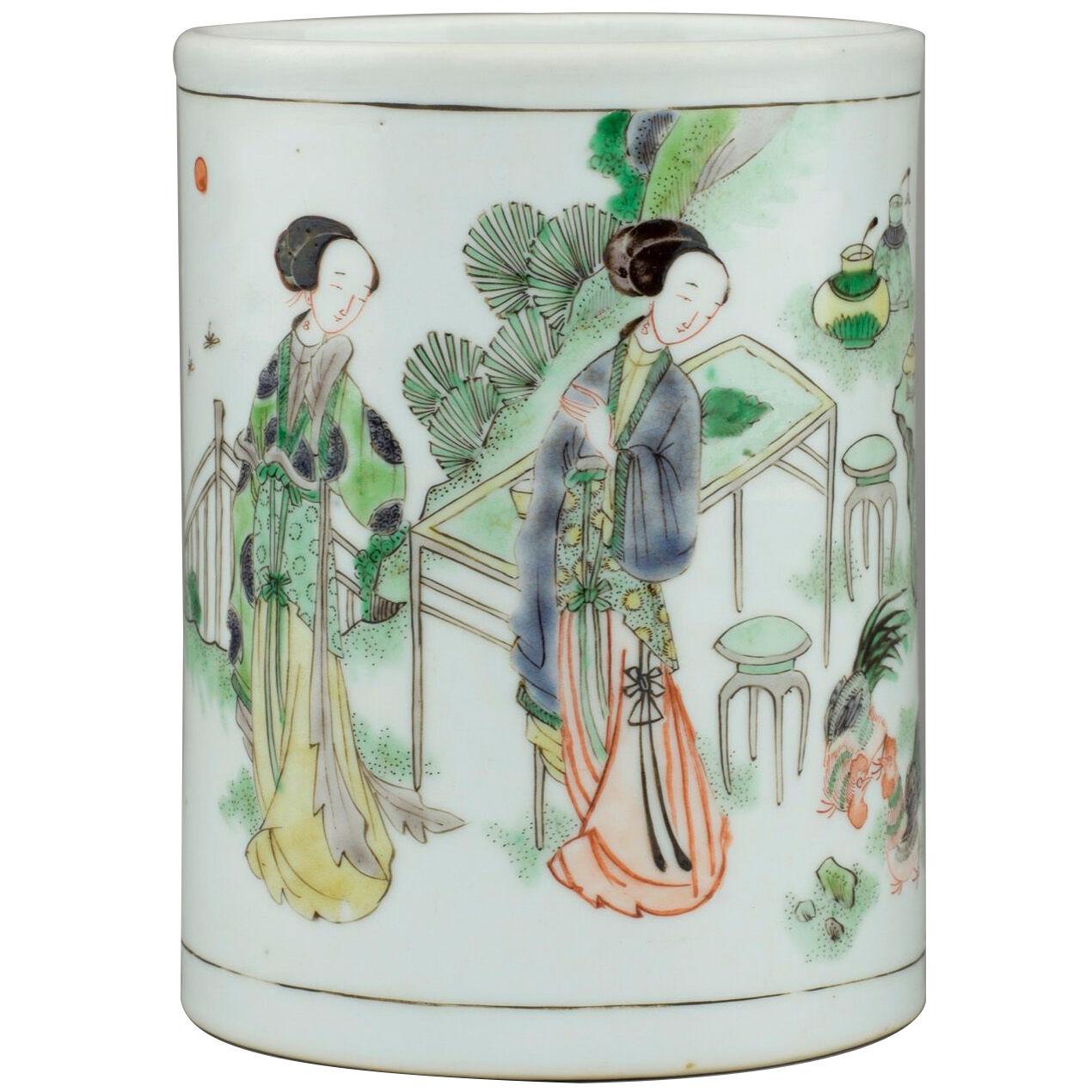 Chinese porcelain famille verte, wucai 'ladies' brush pot, bitong