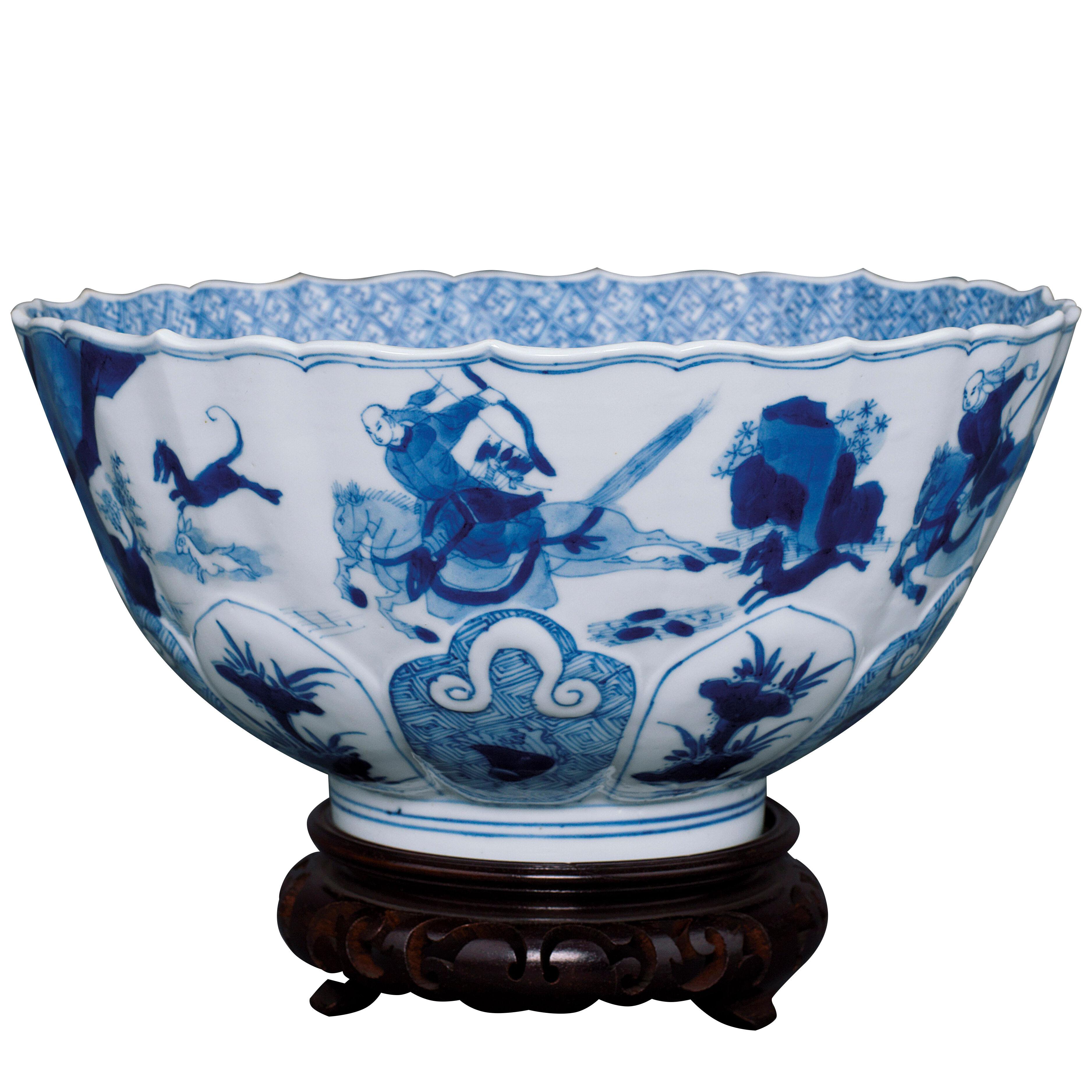 Chinese porcelain blue and white moulded and fluted deep bowl, wan