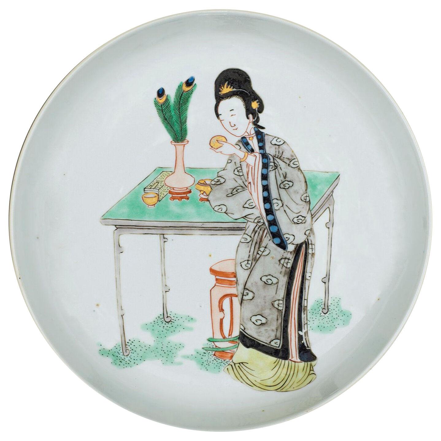 Chinese imperial porcelain famille verte, wucai 'lady' saucer dish 
