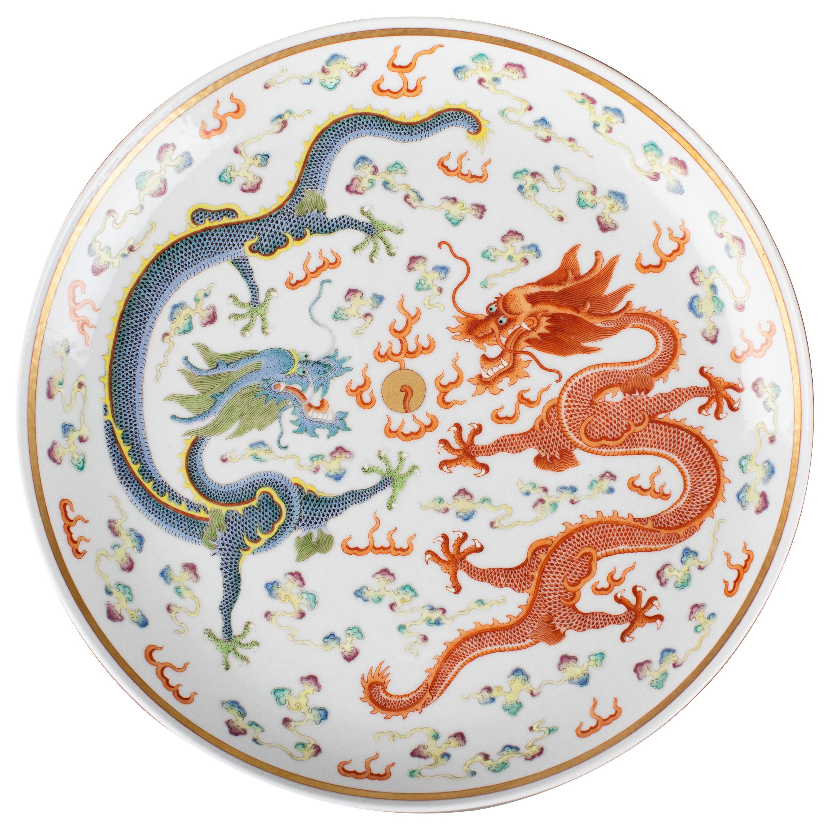 Chinese imperial porcelain fencai large thickly potted dragon dish