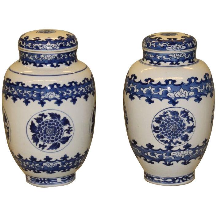 A pair of Chinese porcelain blue and white ovoid jars and covers