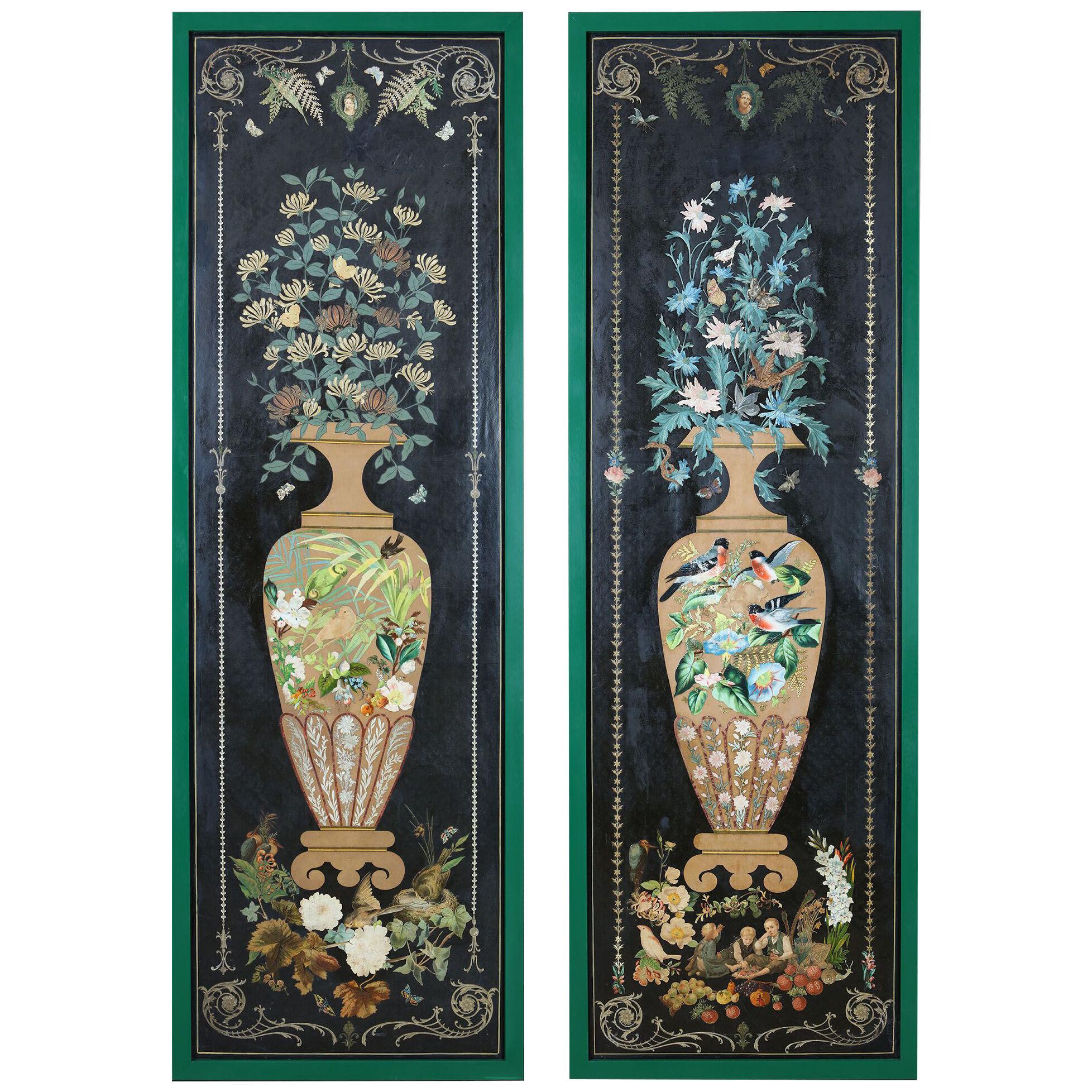 A pair of Victorian decoupage panels