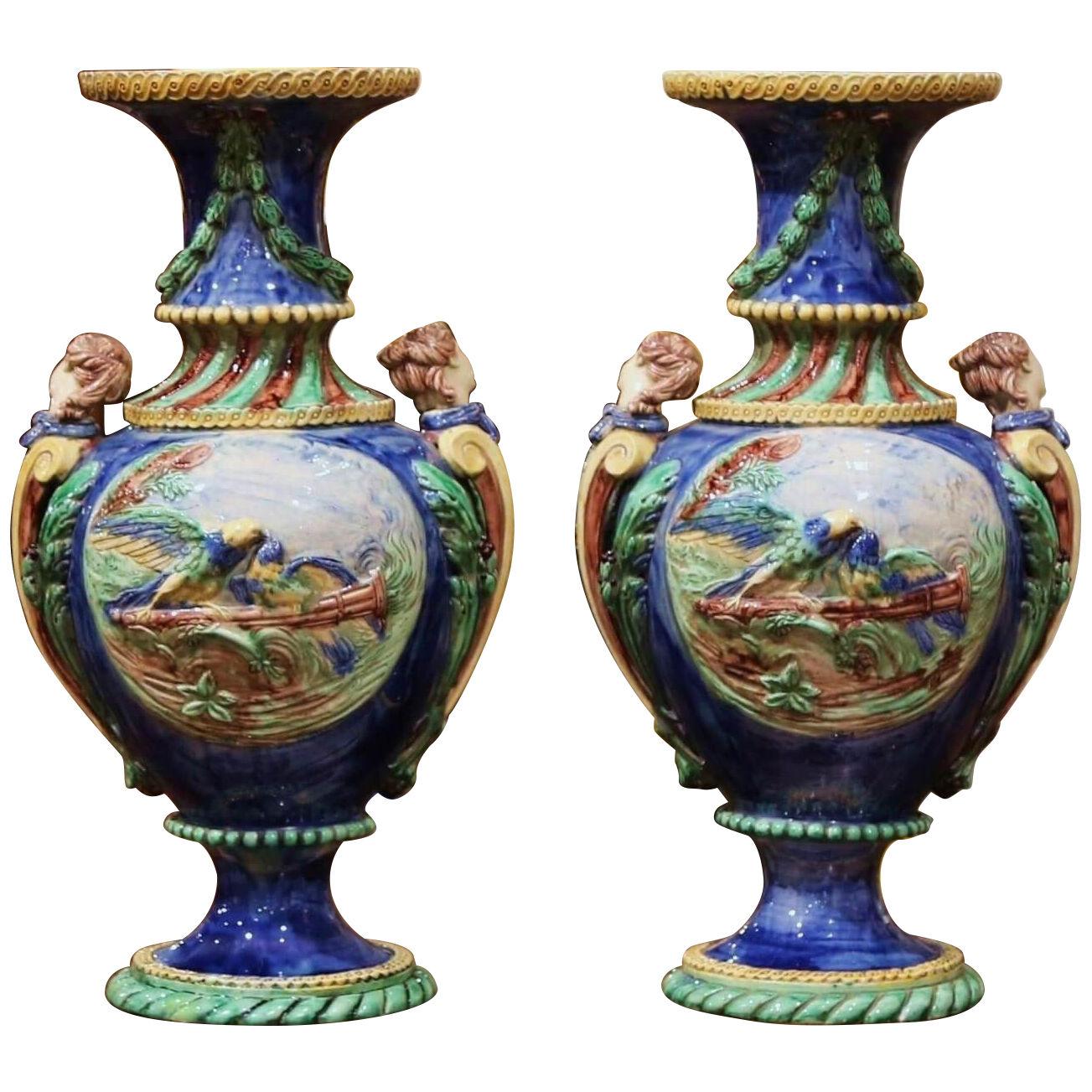 Pair of 19th Century French Painted Faience Barbotine Vases from Thomas Sergent