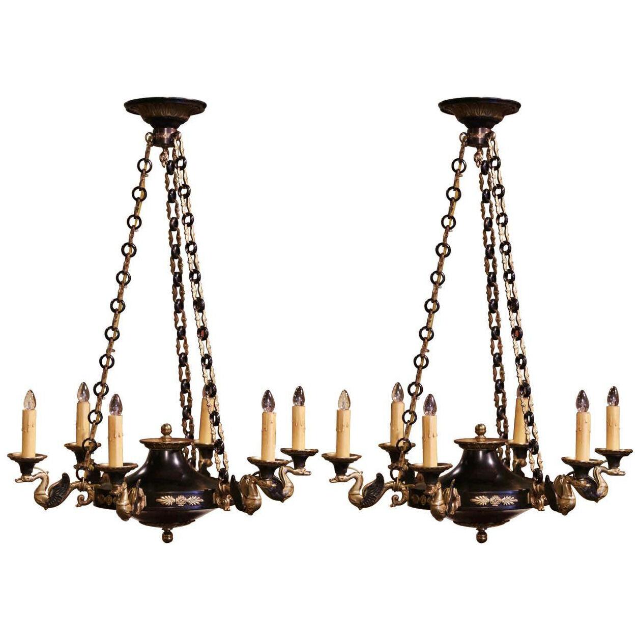 Pair of 19th Century French Empire Two-Tone Bronze Dore Six-Light Chandeliers