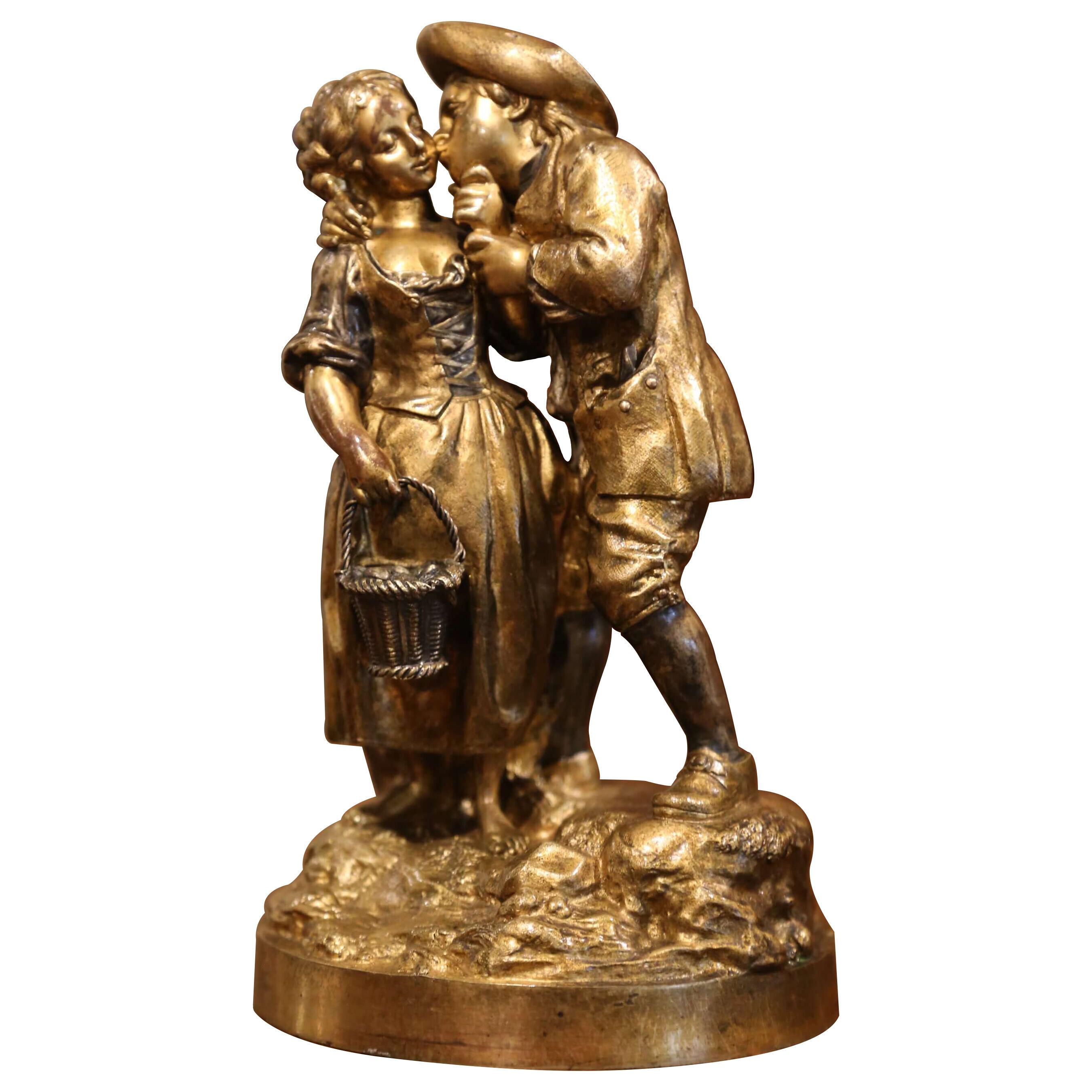Mid-19th Century French Patinated Bronze Sculpture Composition "The Kiss"