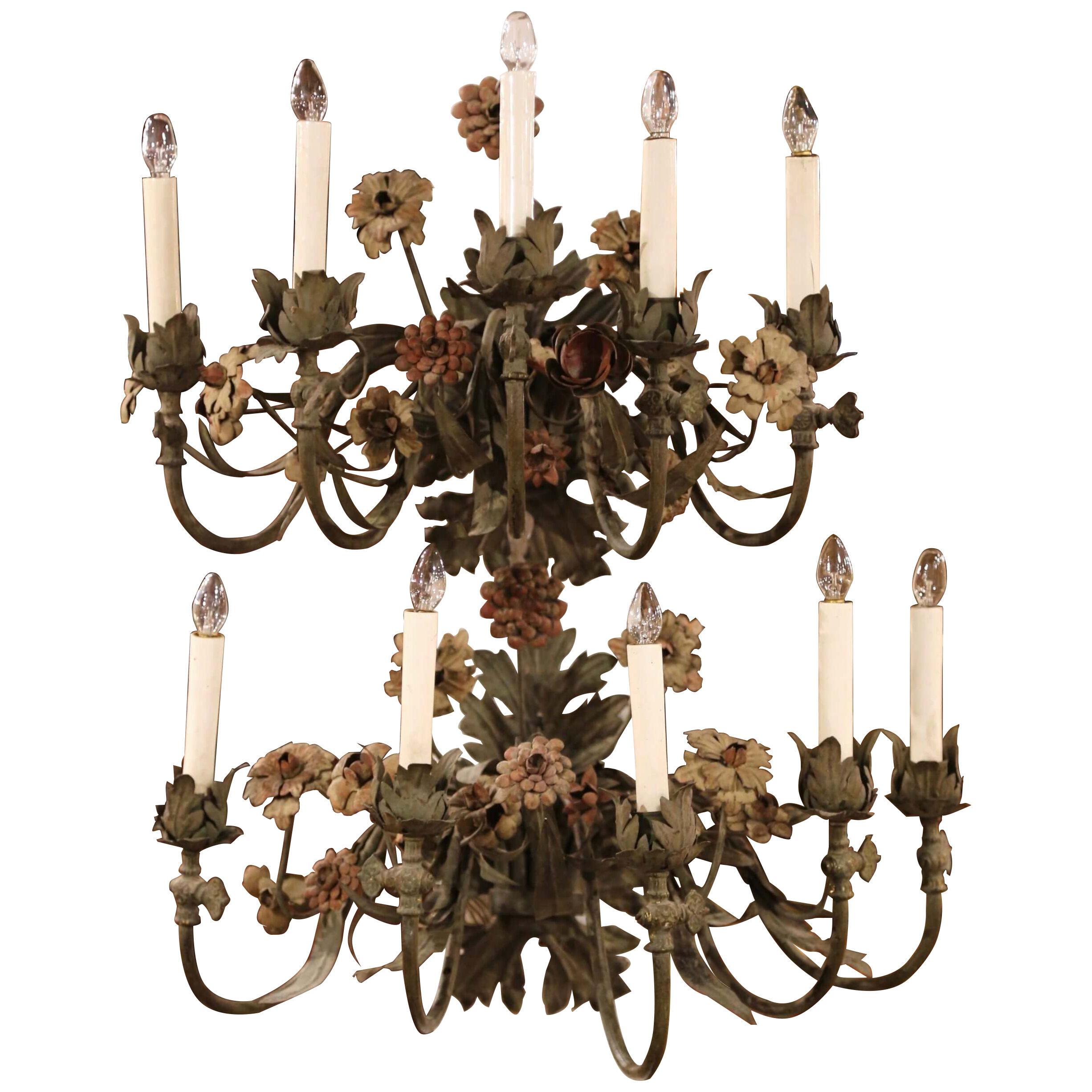 Pair of 20th Century French Tole Flowers and Leaves Five-Light Sconces